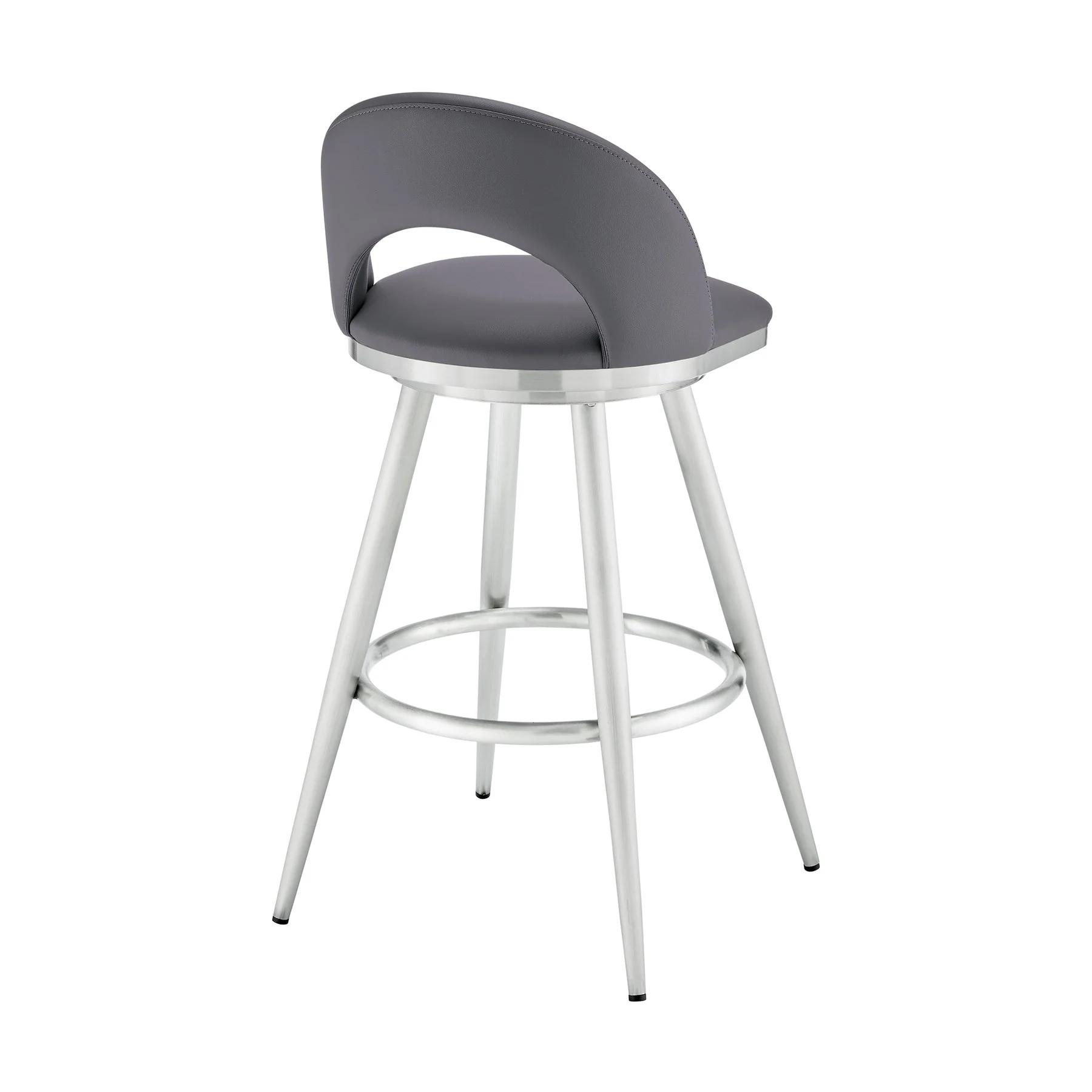Charlotte 26" Swivel Counter Stool in Brushed Stainless Steel and Gray Faux Leather - Image 4