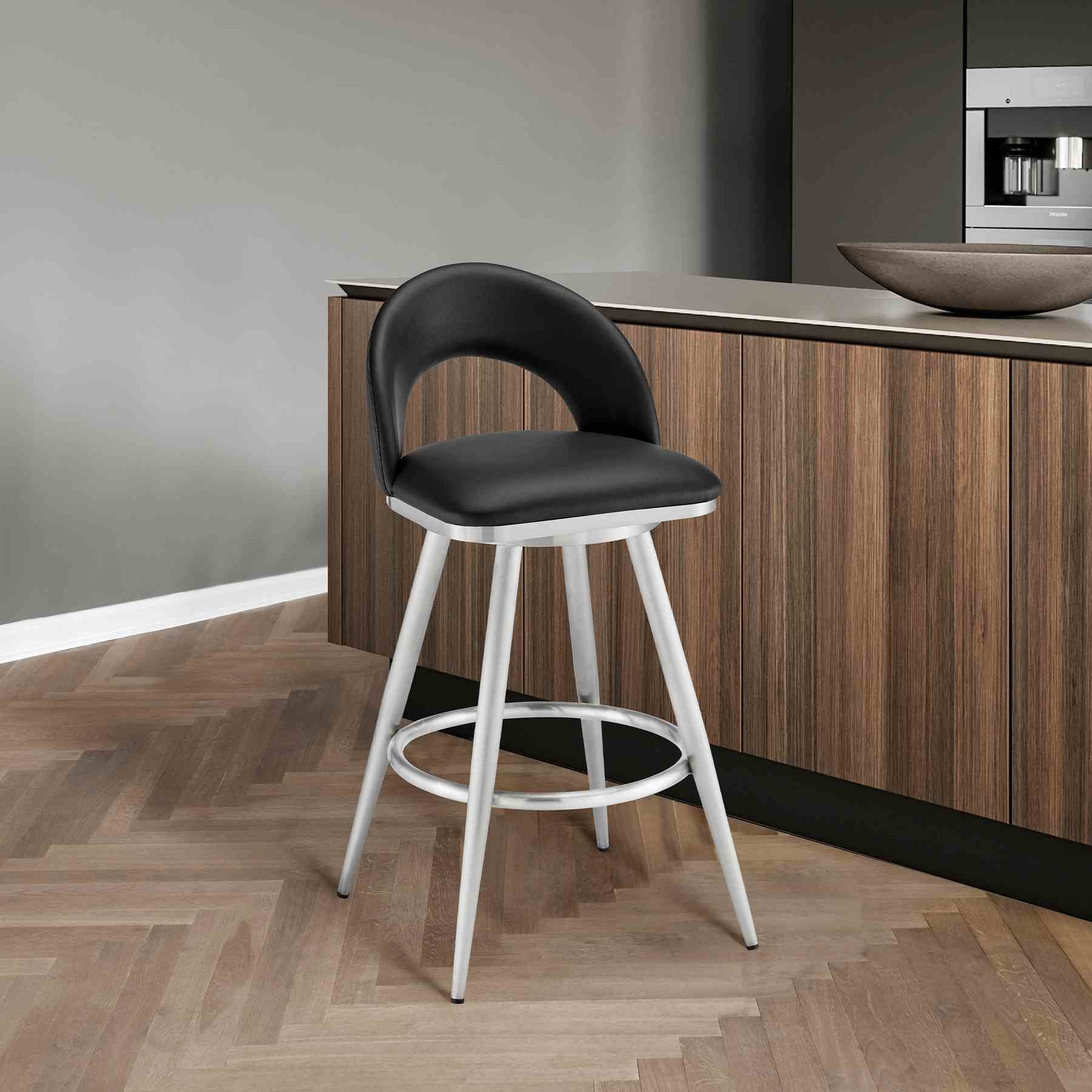 Charlotte 30" Swivel Bar Stool in Brushed Stainless Steel with Black Faux Leather - Image 9