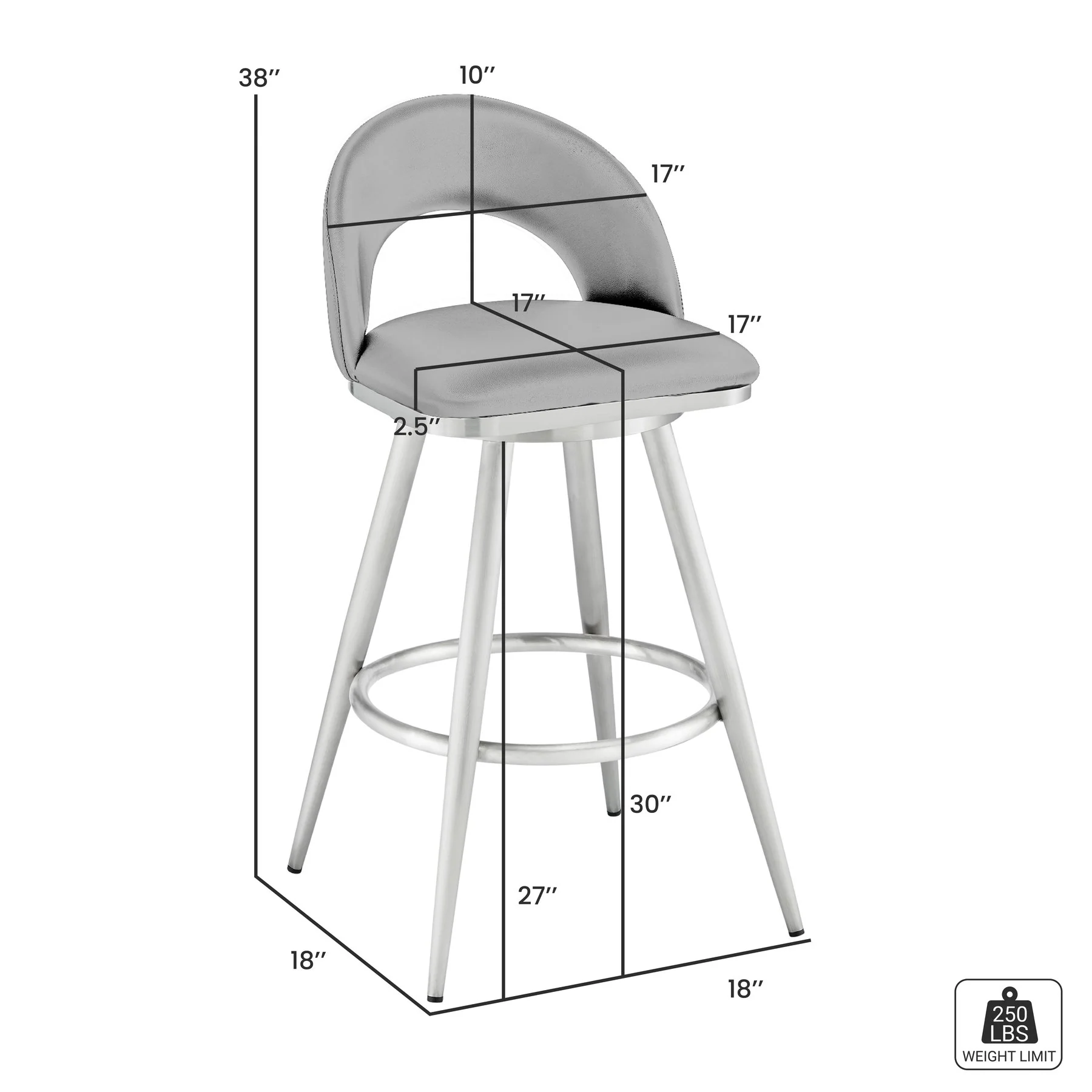 Charlotte 30" Swivel Bar Stool in Brushed Stainless Steel with White Faux Leather - Image 8