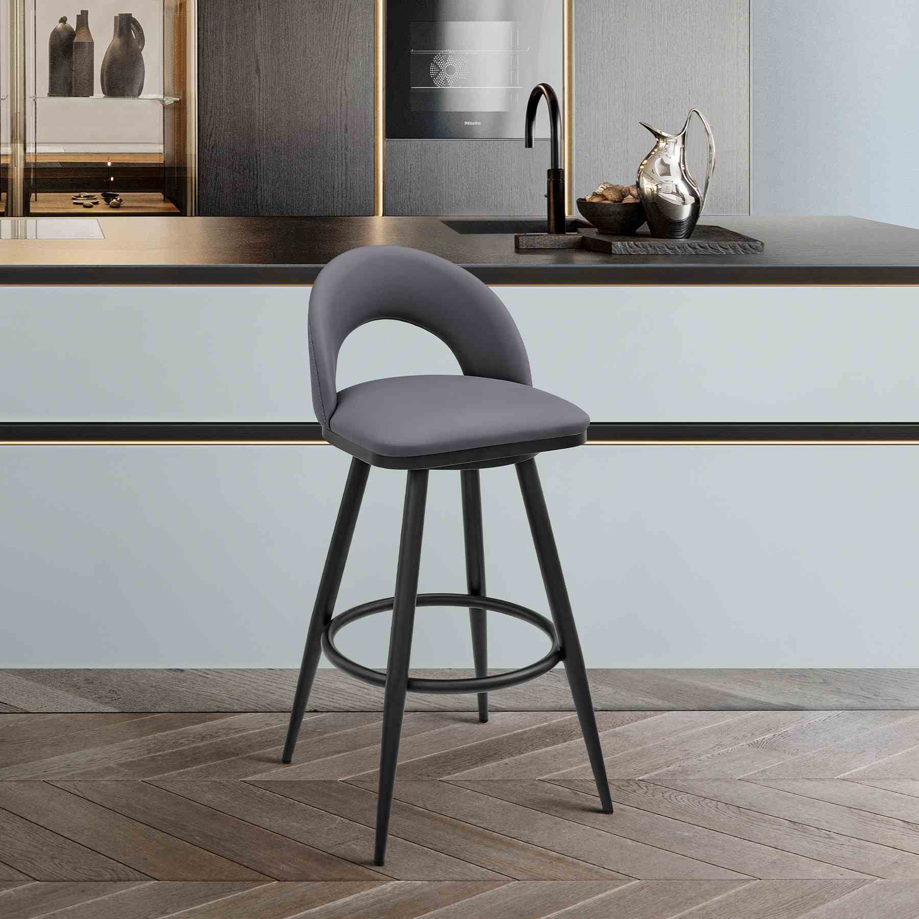 Charlotte Swivel Counter Stool in Black Metal and Gray Faux Leather - Image 11