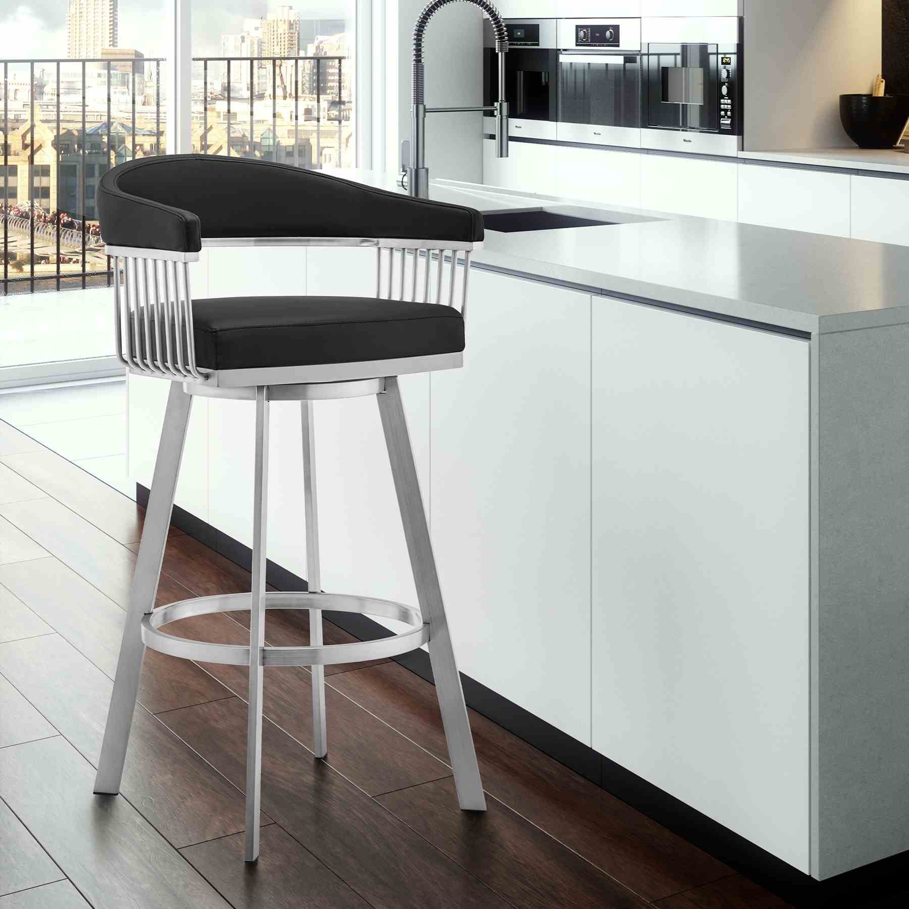 Chelsea 25" Swivel Counter Stool with Brushed Stainless Steel and Black Faux Leather - Image 8