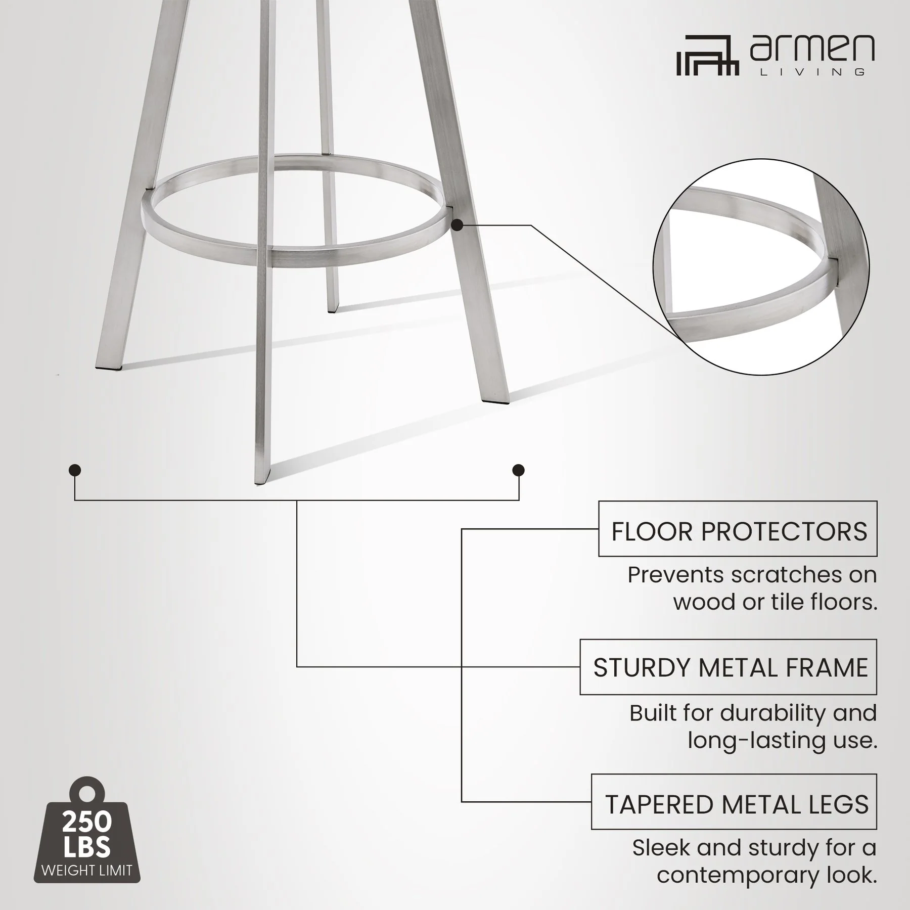 Chelsea 25" Swivel Counter Stool with Brushed Stainless Steel and Gray Faux Leather - Image 10