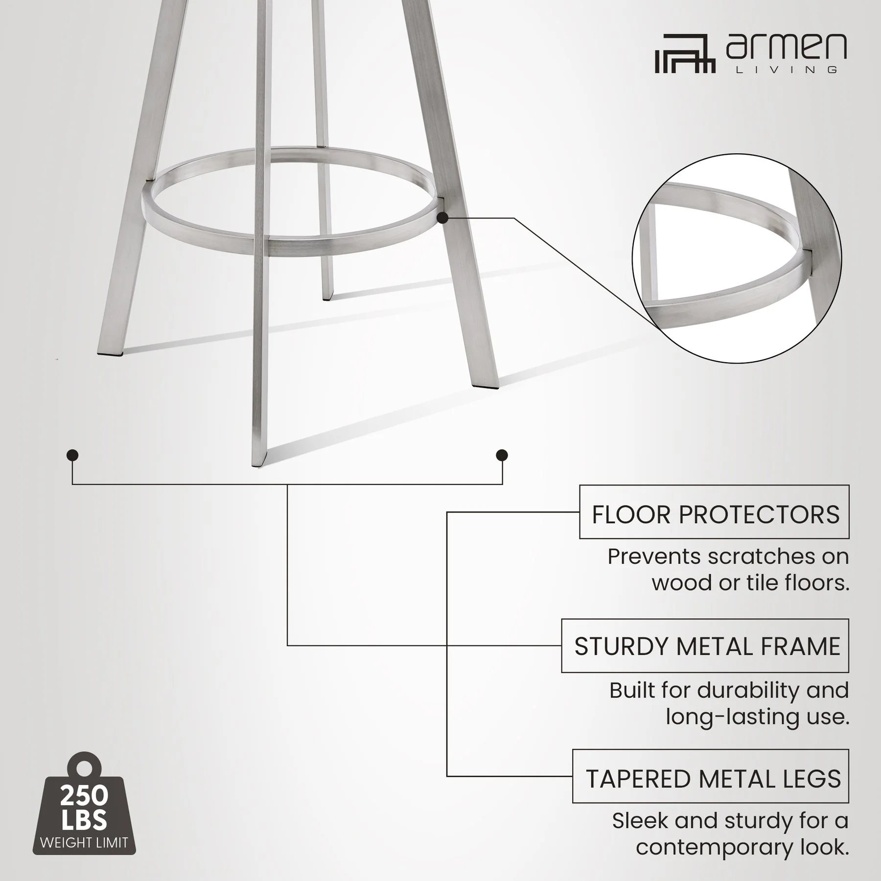 Chelsea 25" Swivel Counter Stool with Brushed Stainless Steel and White Faux Leather - Image 10