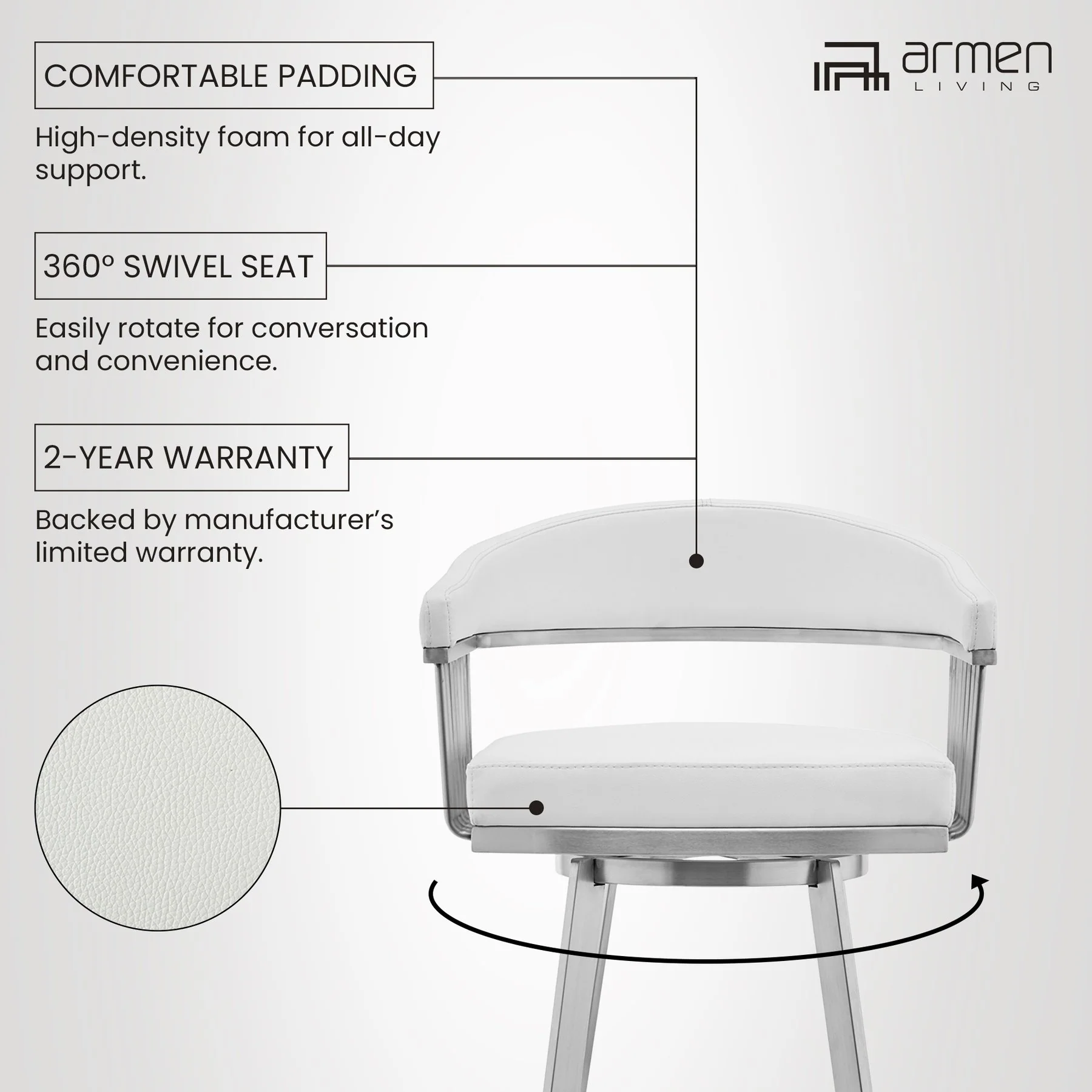Chelsea 25" Swivel Counter Stool with Brushed Stainless Steel and White Faux Leather - Image 9