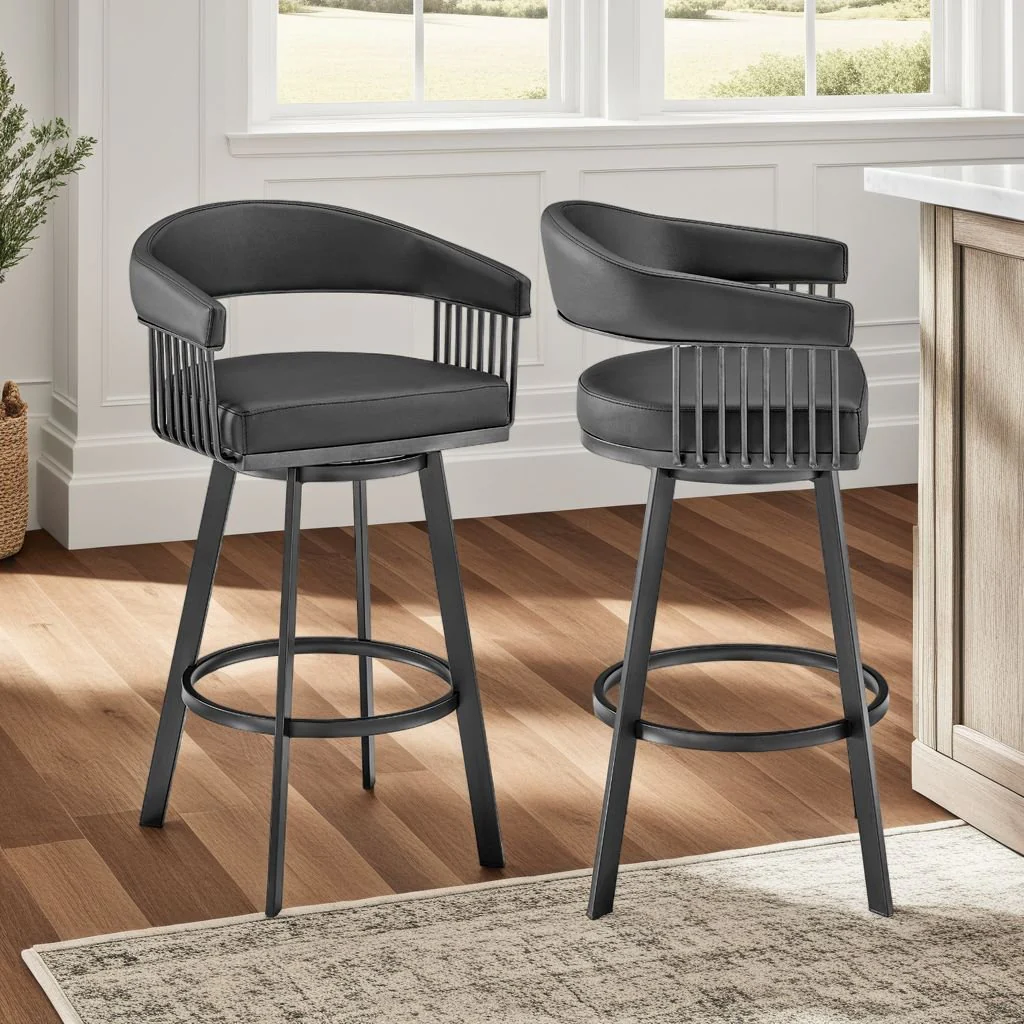 Chelsea 25" Swivel Counter Stool with Matte Black Finish and Black Faux Leather - Image 10