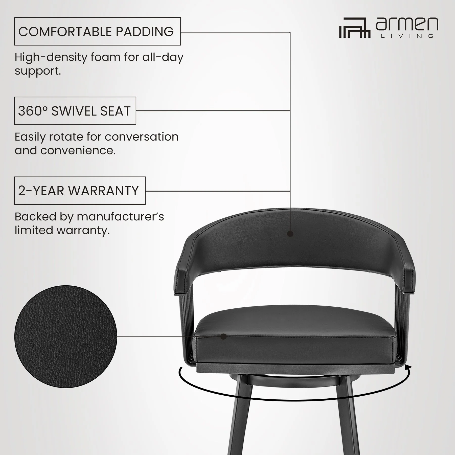 Chelsea 25" Swivel Counter Stool with Matte Black Finish and Black Faux Leather - Image 11