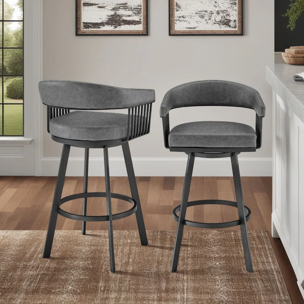 Chelsea 25" Swivel Counter Stool with Matte Black Finish and Vintage Gray Faux Leather - Image 10