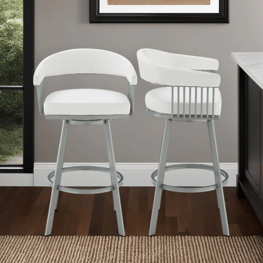 Chelsea 25" Swivel Counter Stool with Silver Metal Finish and White Faux Leather - Image 10