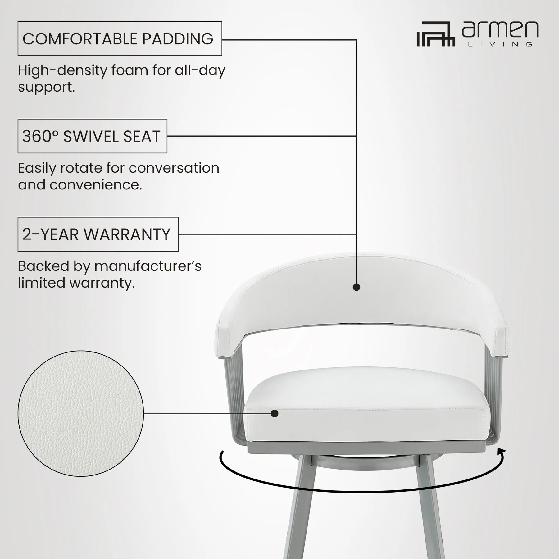 Chelsea 25" Swivel Counter Stool with Silver Metal Finish and White Faux Leather - Image 11