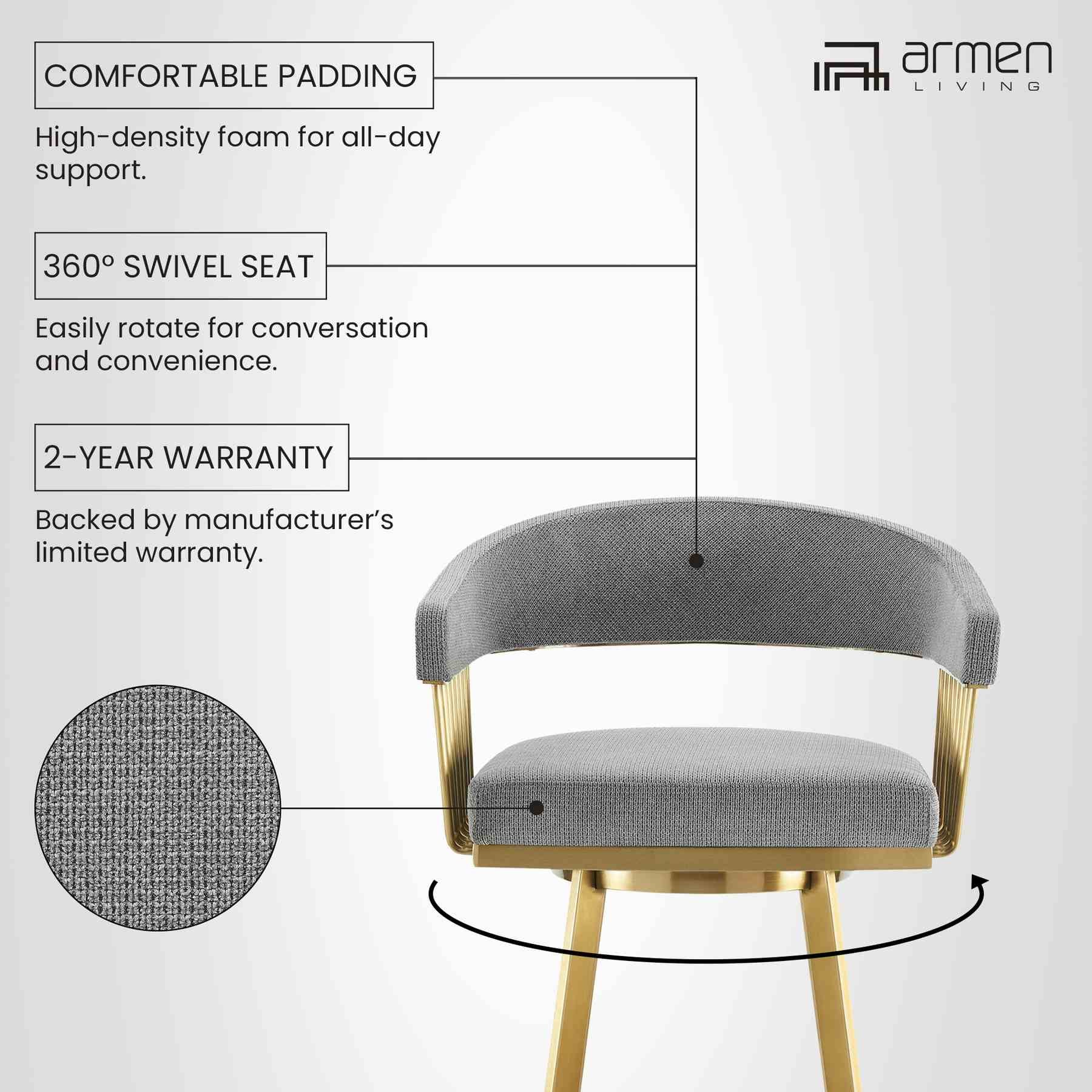 Chelsea 26" Swivel Counter Stool with Gold Brushed Stainless Steel and Anchor Gray Fabric - Image 11