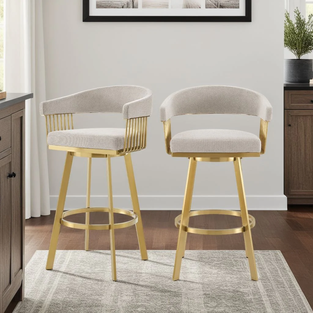Chelsea 26" Swivel Counter Stool with Gold Brushed Stainless Steel and Taupe Fabric - Image 10