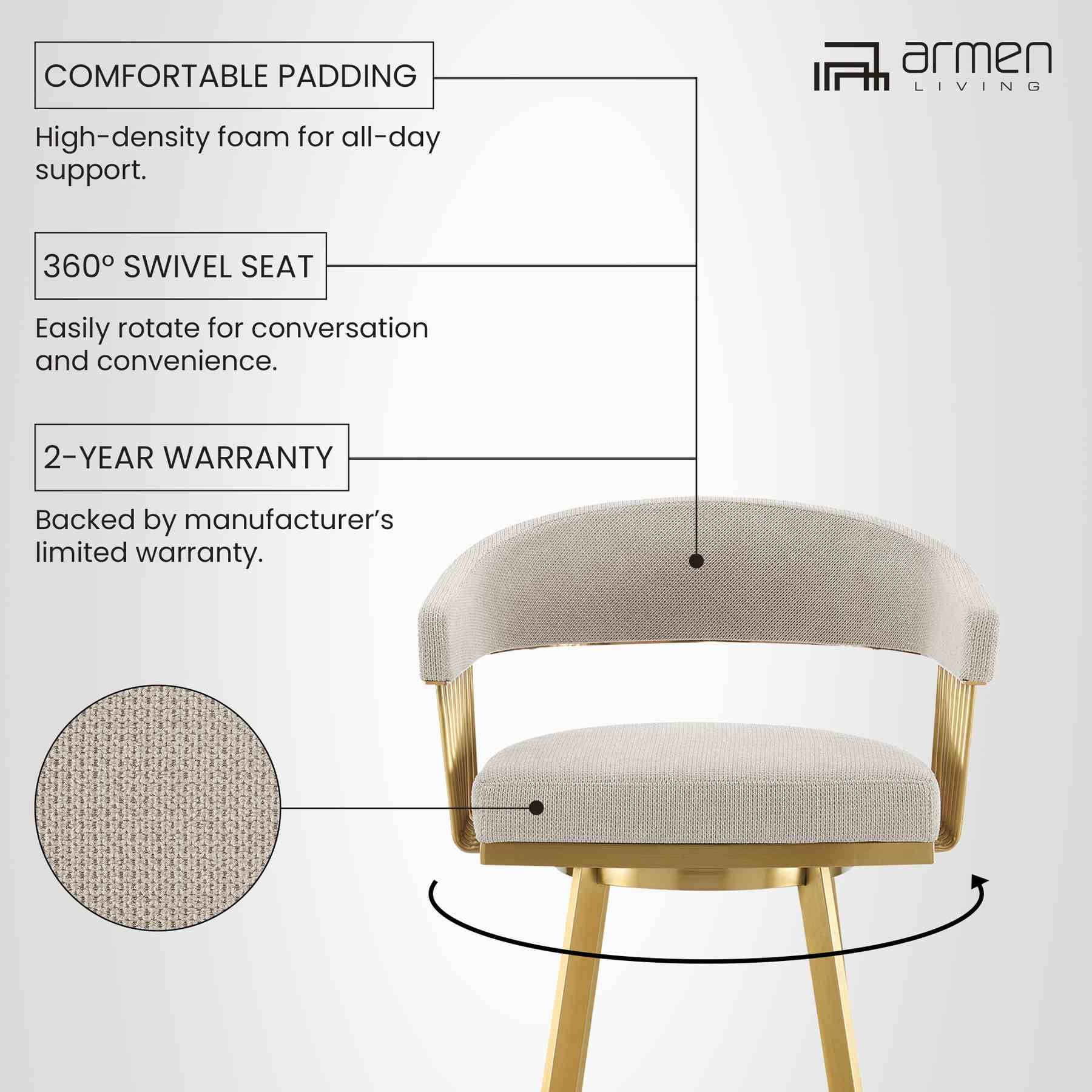 Chelsea 26" Swivel Counter Stool with Gold Brushed Stainless Steel and Taupe Fabric - Image 11