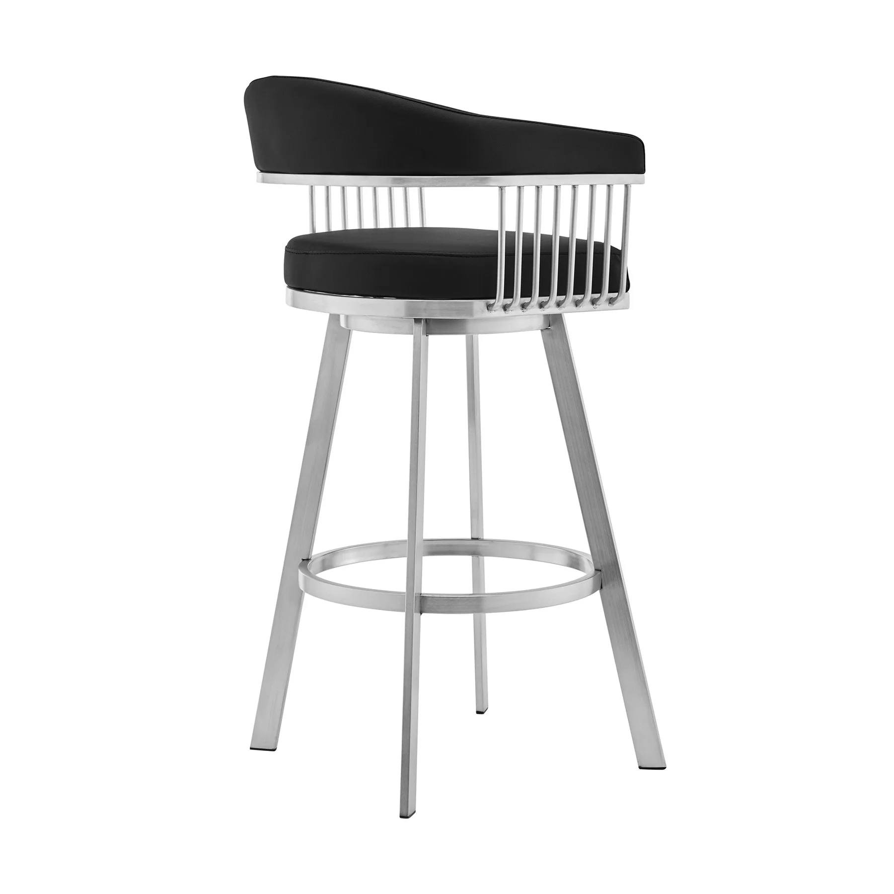 Chelsea 29" Swivel Bar Stool with Brushed Stainless Steel and Black Faux Leather - Image 3