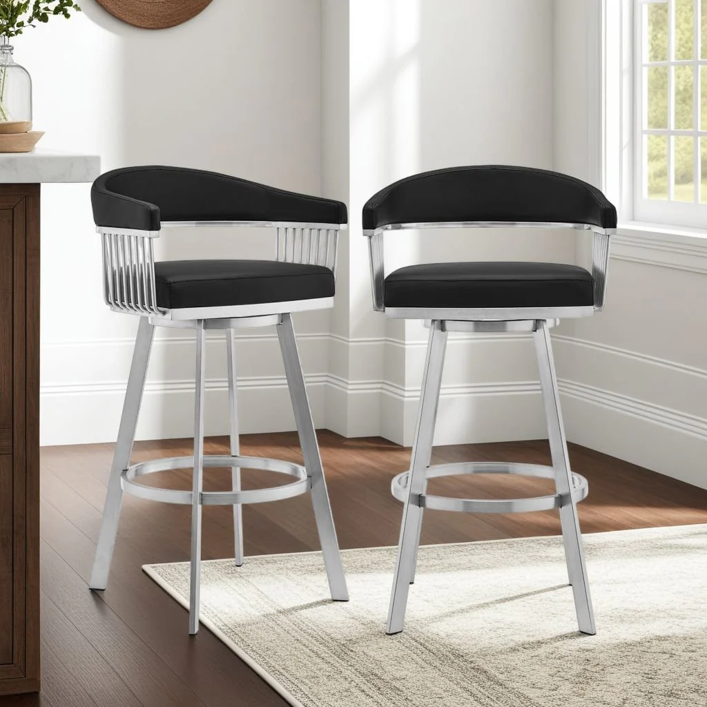 Chelsea 29" Swivel Bar Stool with Brushed Stainless Steel and Black Faux Leather - Image 8