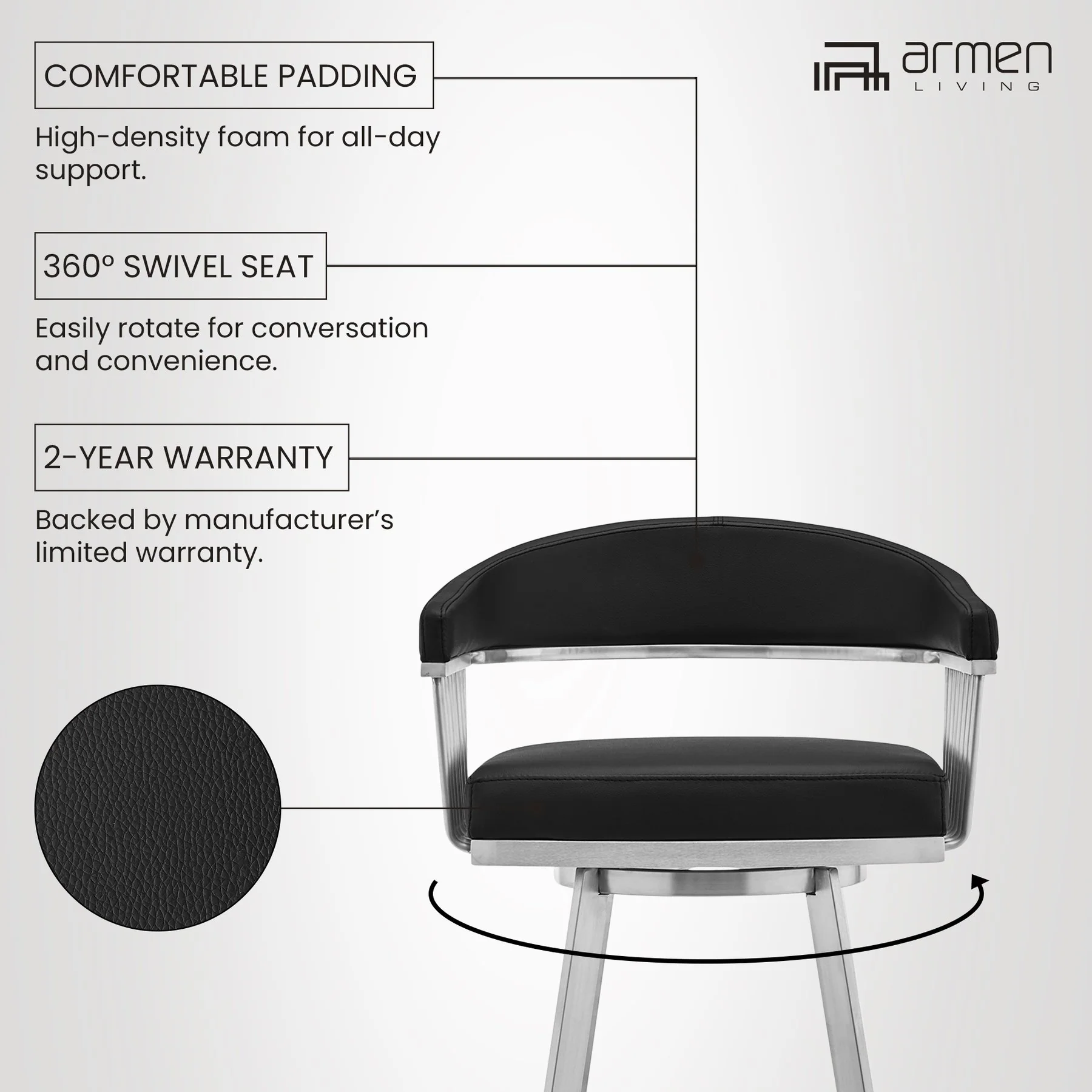 Chelsea 29" Swivel Bar Stool with Brushed Stainless Steel and Black Faux Leather - Image 9