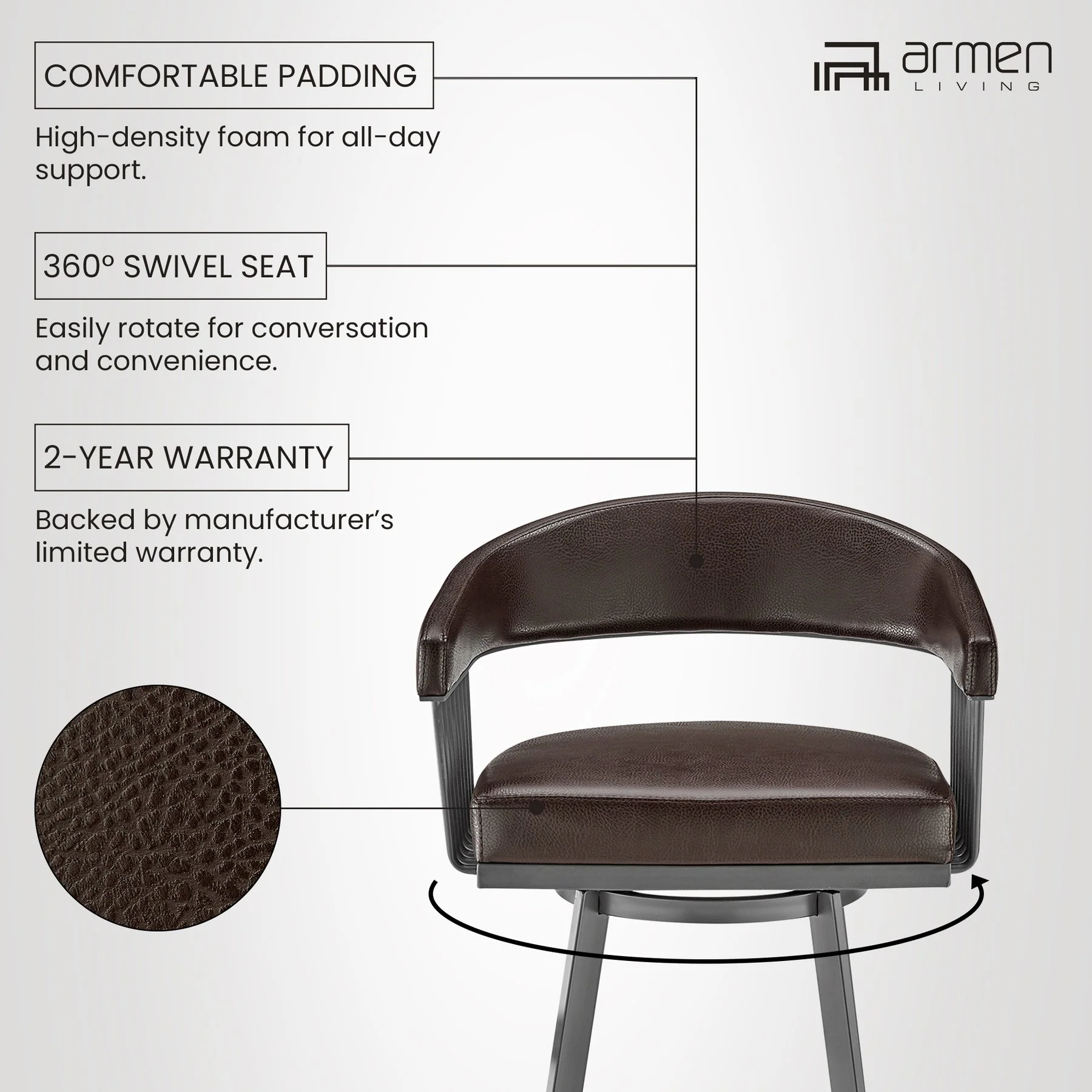 Chelsea 29" Swivel Bar Stool with Java Silver Finish and Chocolate Faux Leather - Image 11