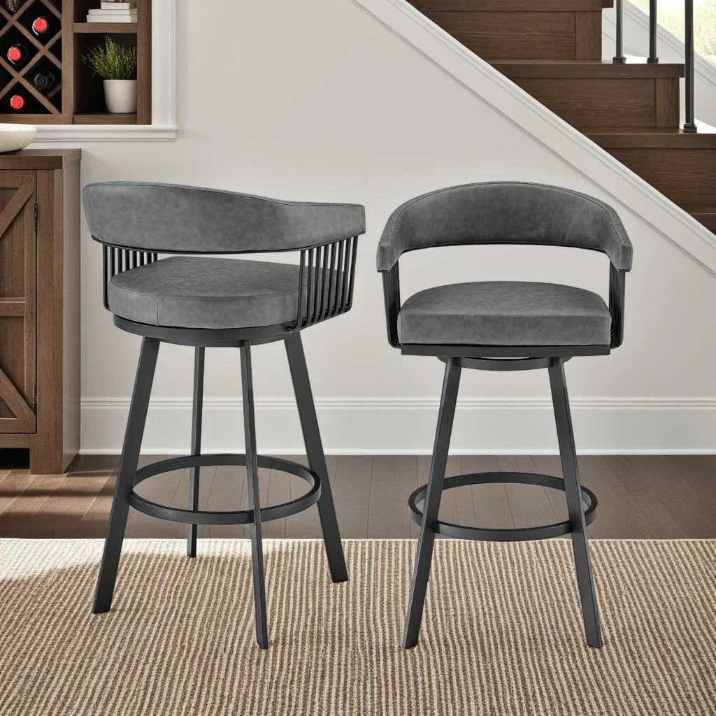 Chelsea 29" Swivel Bar Stool with Matte Black Finish and Vintage Gray Faux Leather - Image 10