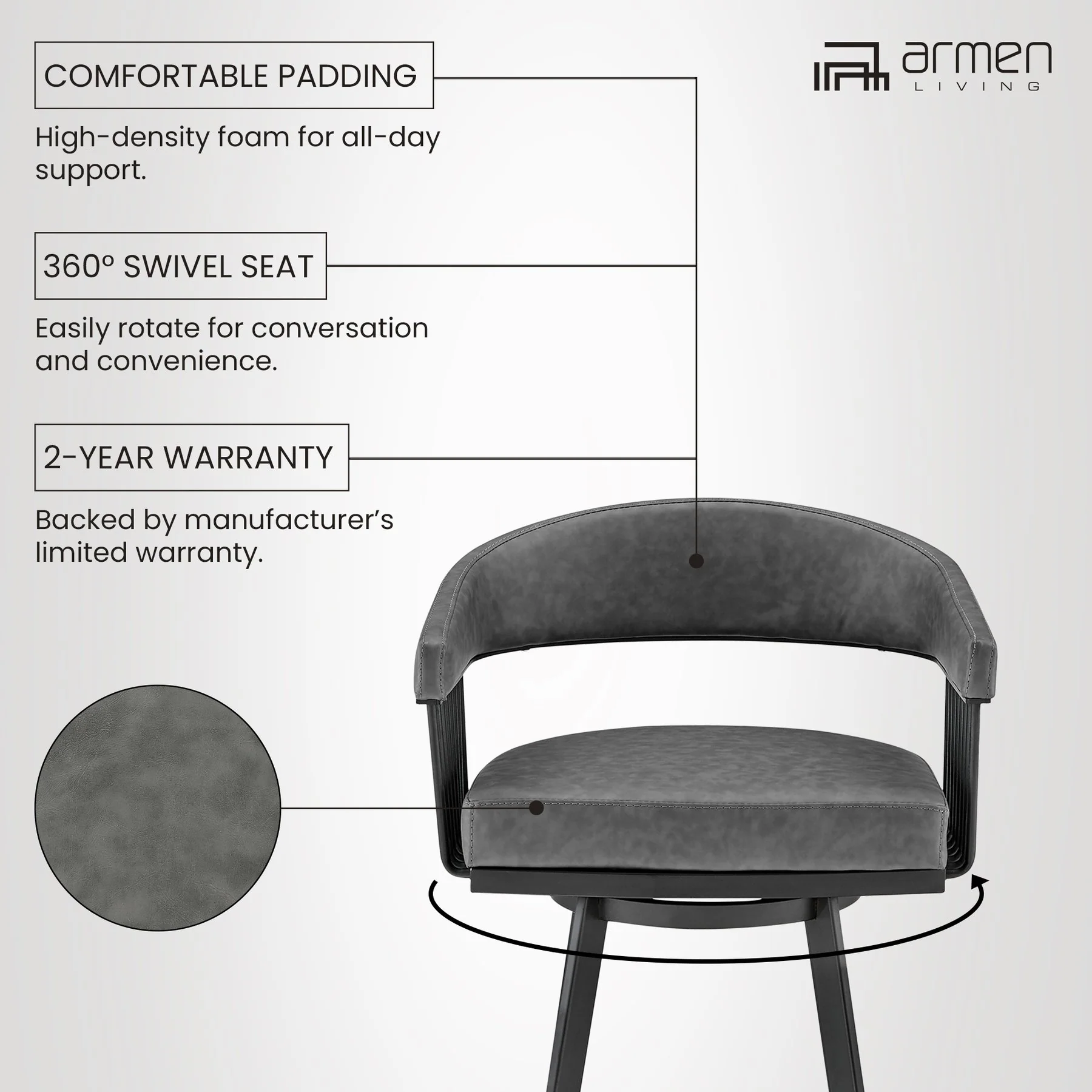 Chelsea 29" Swivel Bar Stool with Matte Black Finish and Vintage Gray Faux Leather - Image 11