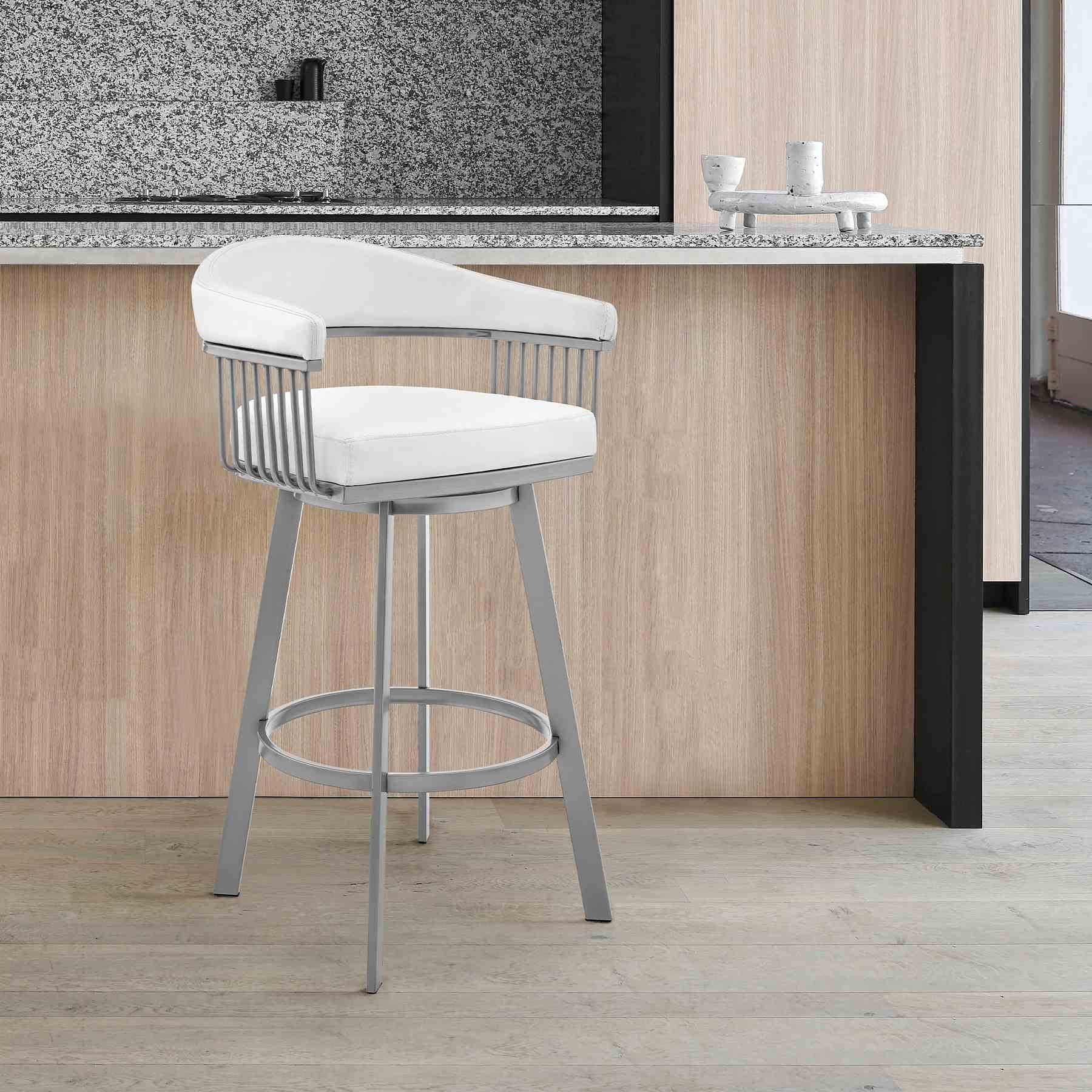 Chelsea 29" Swivel Bar Stool with Silver Metal Finish and White Faux Leather - Image 10