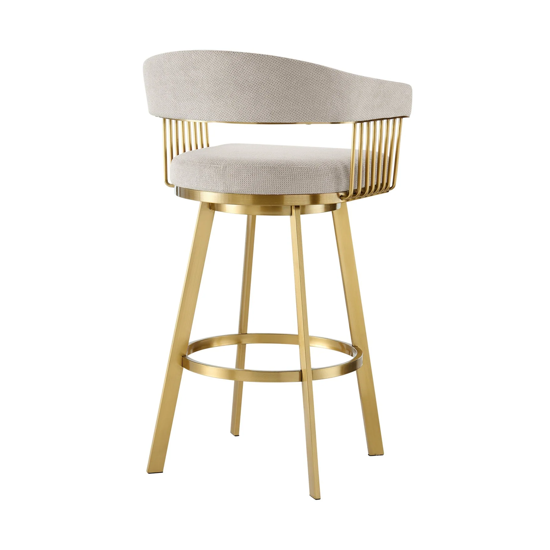 Chelsea 30" Swivel Bar Stool with Gold Brushed Stainless Steel and Taupe Fabric - Image 3