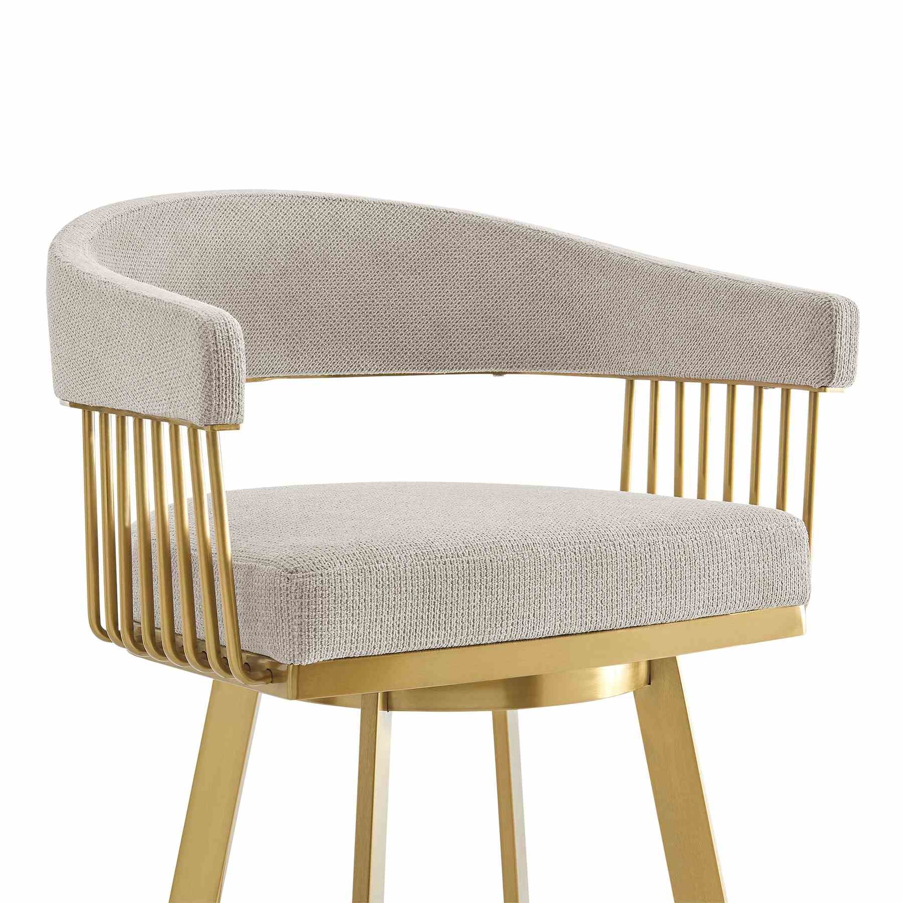 Chelsea 30" Swivel Bar Stool with Gold Brushed Stainless Steel and Taupe Fabric - Image 4