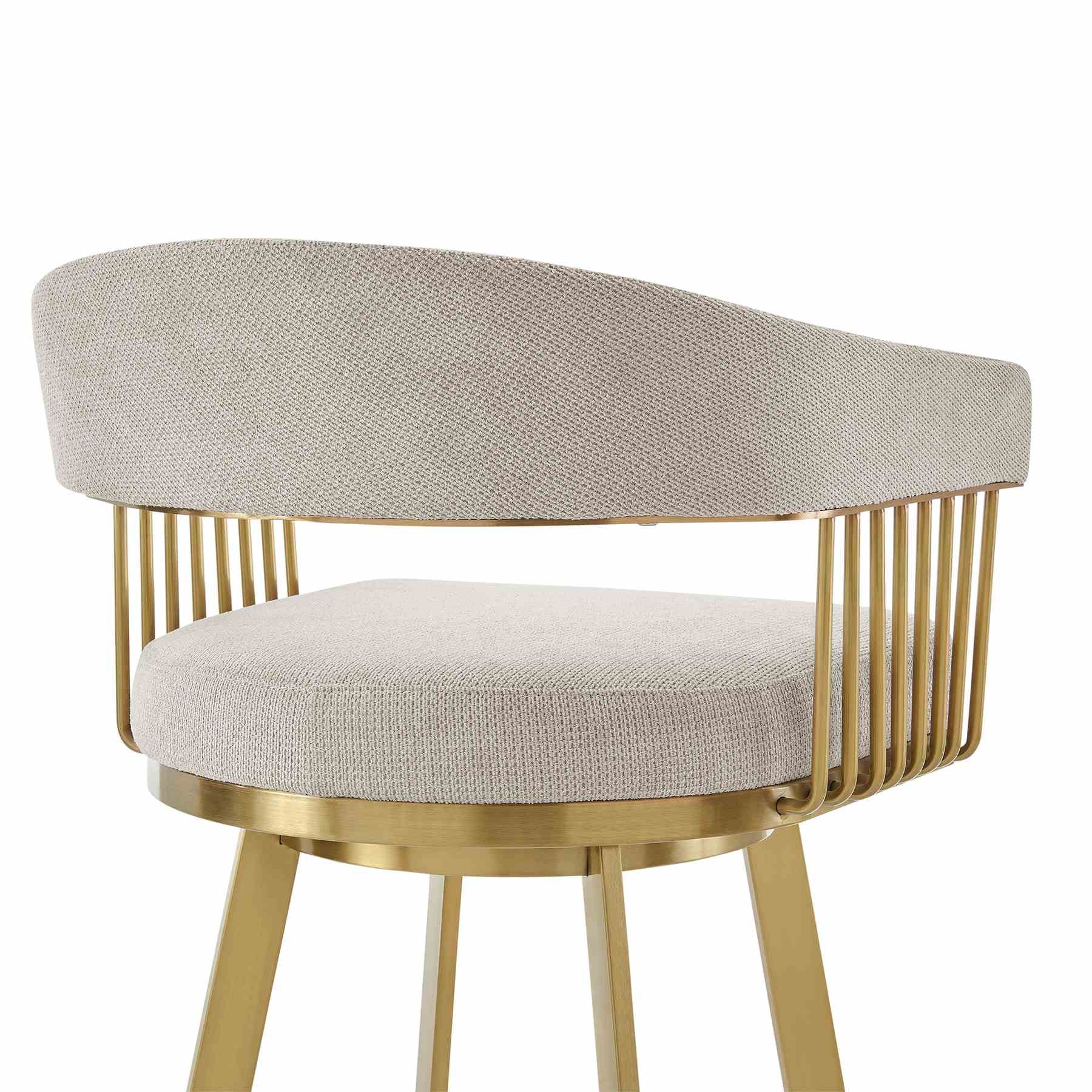 Chelsea 30" Swivel Bar Stool with Gold Brushed Stainless Steel and Taupe Fabric - Image 5