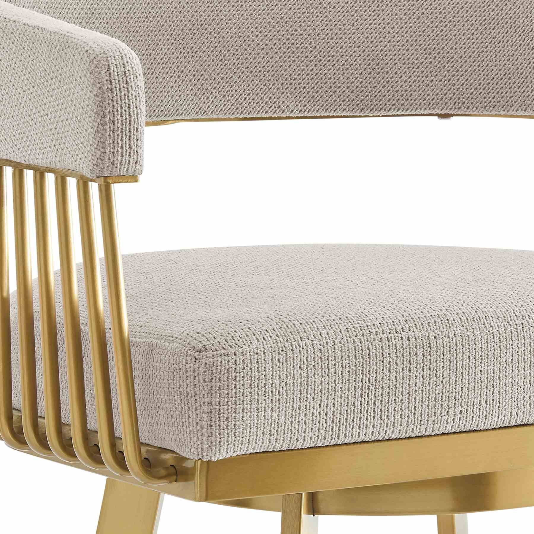 Chelsea 30" Swivel Bar Stool with Gold Brushed Stainless Steel and Taupe Fabric - Image 6