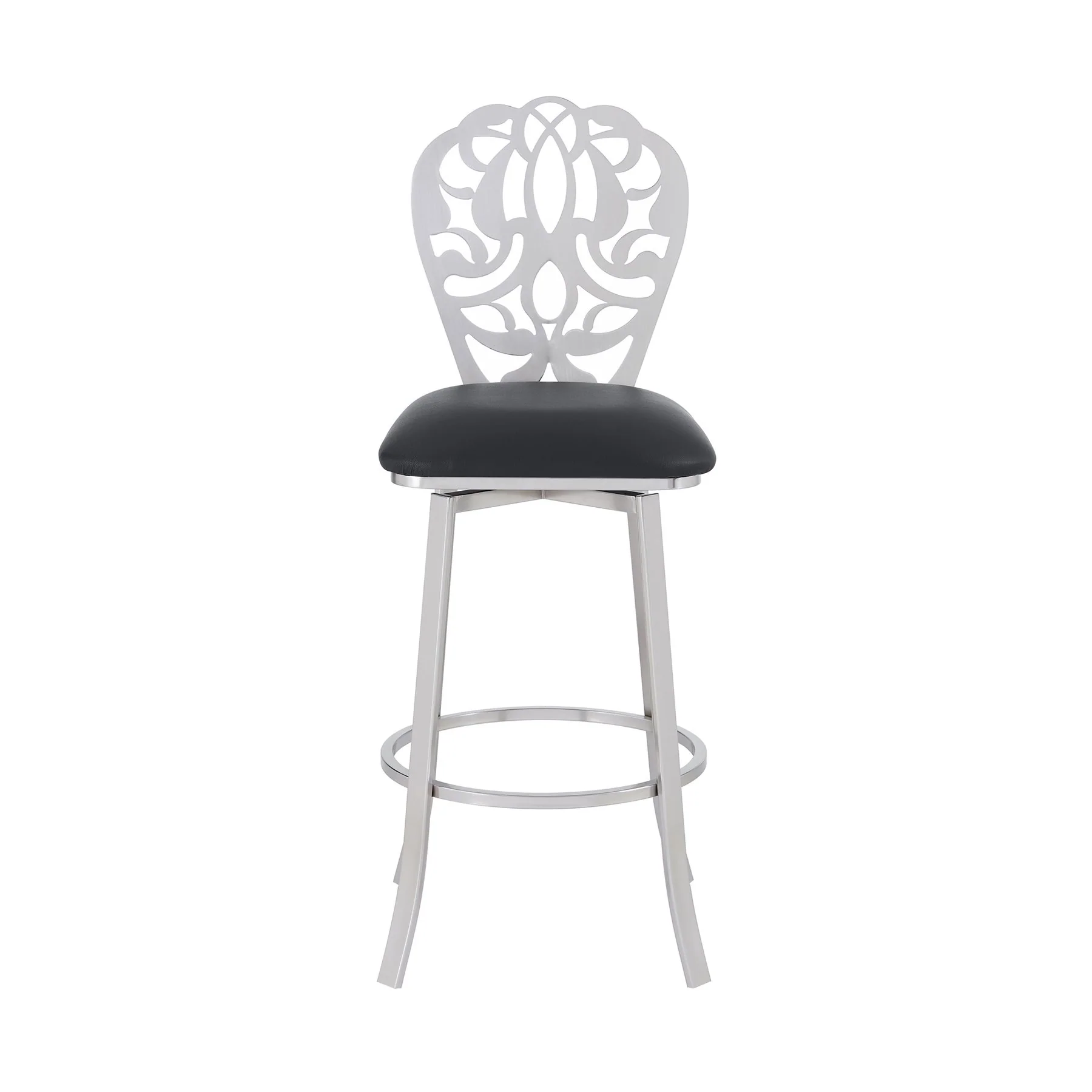 Cherie Contemporary 26" Counter Height Barstool in Brushed Stainless Steel Finish and Black Faux Leather - Image 2