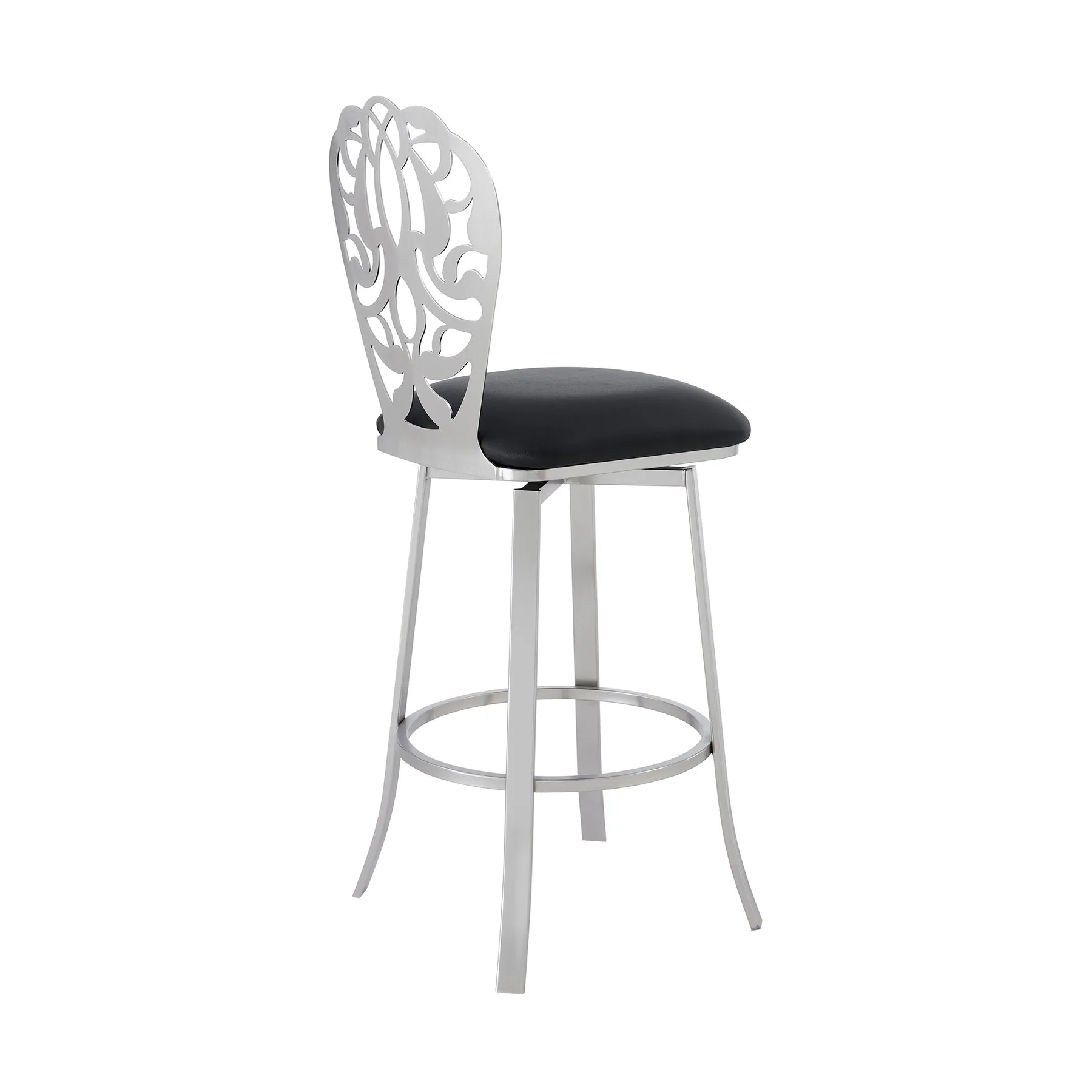 Cherie Contemporary 26" Counter Height Barstool in Brushed Stainless Steel Finish and Black Faux Leather - Image 3