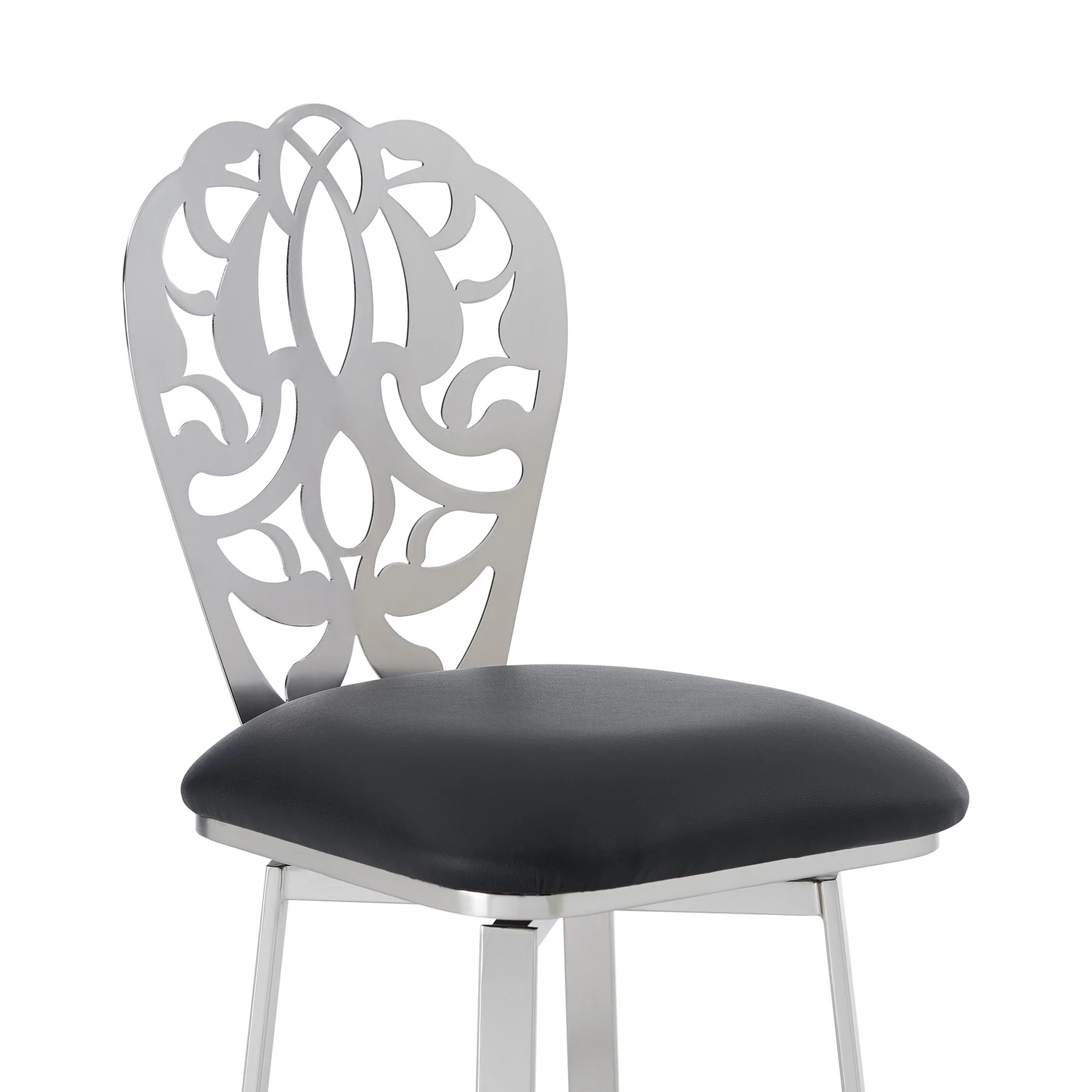 Cherie Contemporary 30" Bar Height Barstool in Brushed Stainless Steel Finish and Black Faux Leather - Image 4