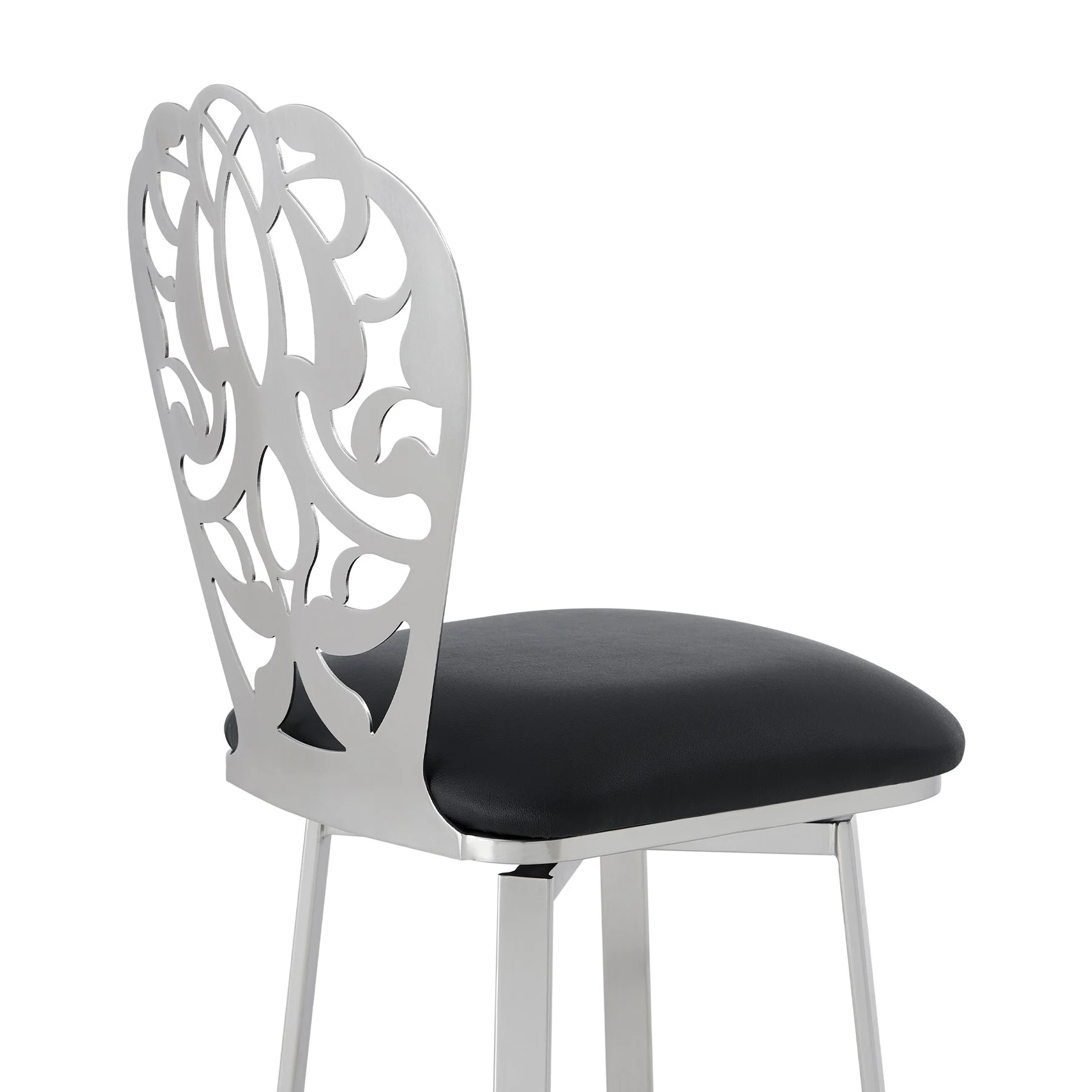 Cherie Contemporary 30" Bar Height Barstool in Brushed Stainless Steel Finish and Black Faux Leather - Image 5