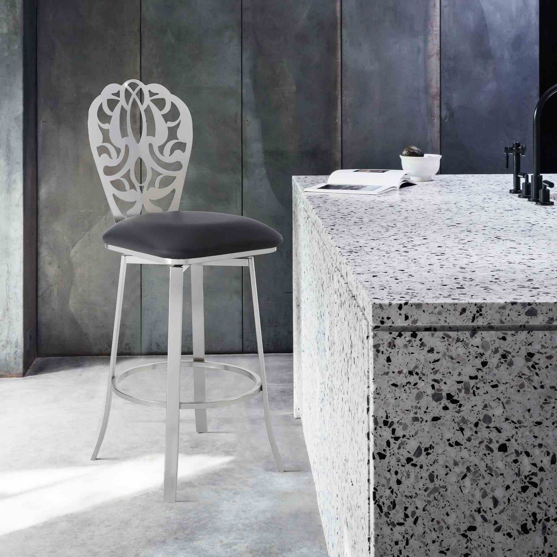 Cherie Contemporary 30" Bar Height Barstool in Brushed Stainless Steel Finish and Black Faux Leather - Image 7