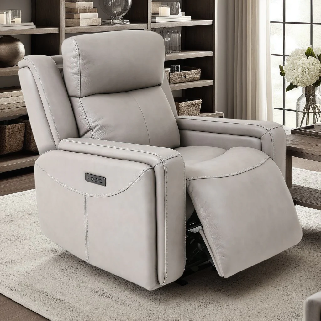 Claude Dual Power Headrest and Lumbar Support Recliner Chair in Light Gray Genuine Leather - Image 10