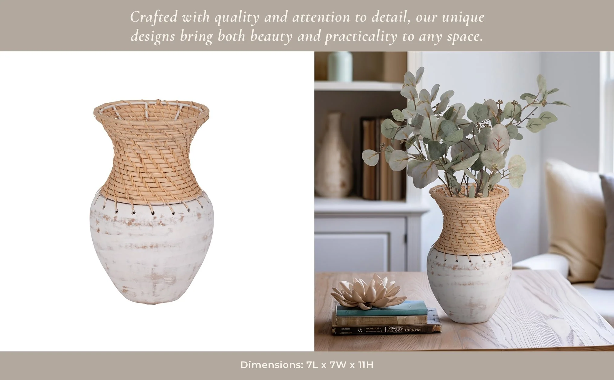 Clay, 11" Vase With Woven Top, White/natural - Image 10