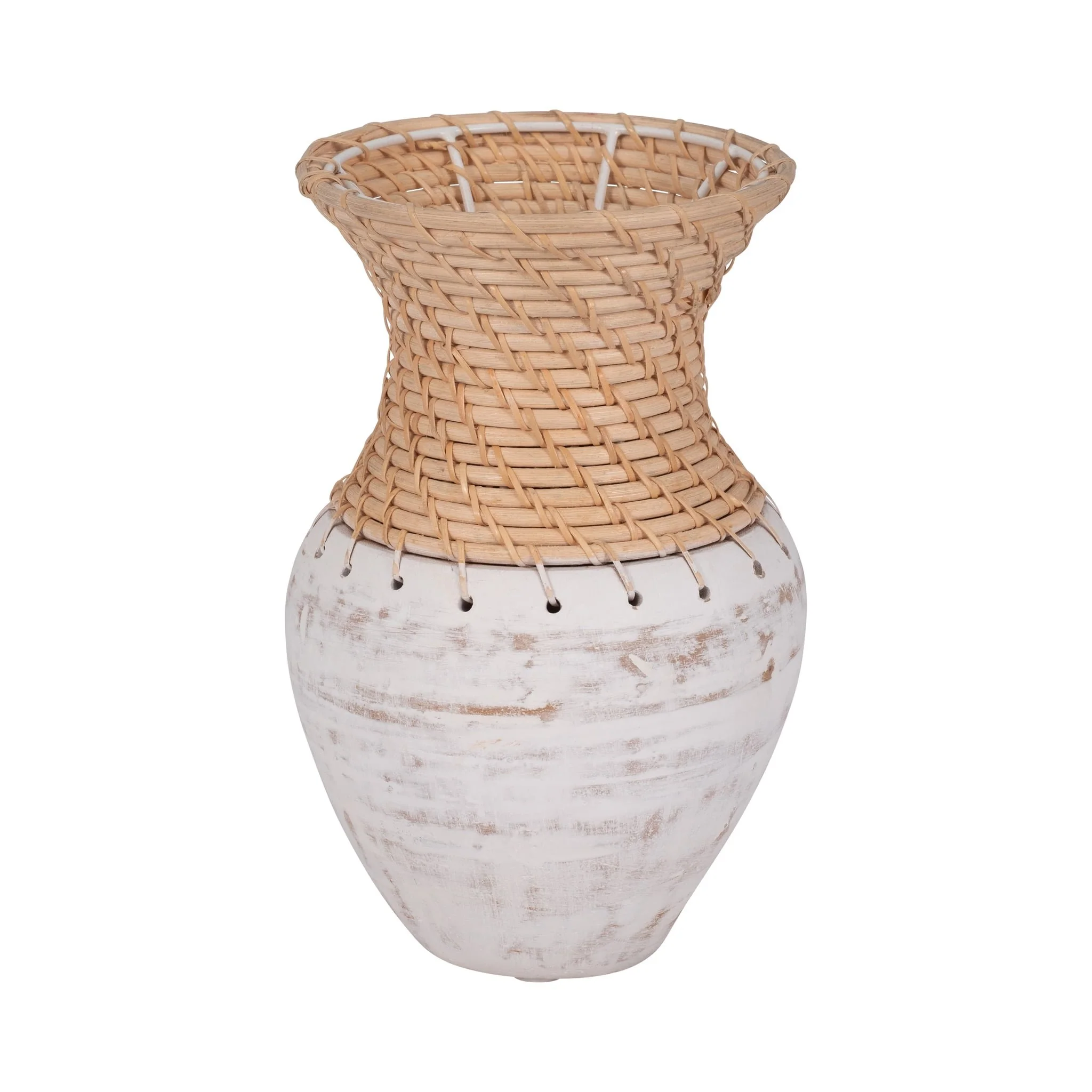 Clay, 11" Vase With Woven Top, White/natural - Image 3