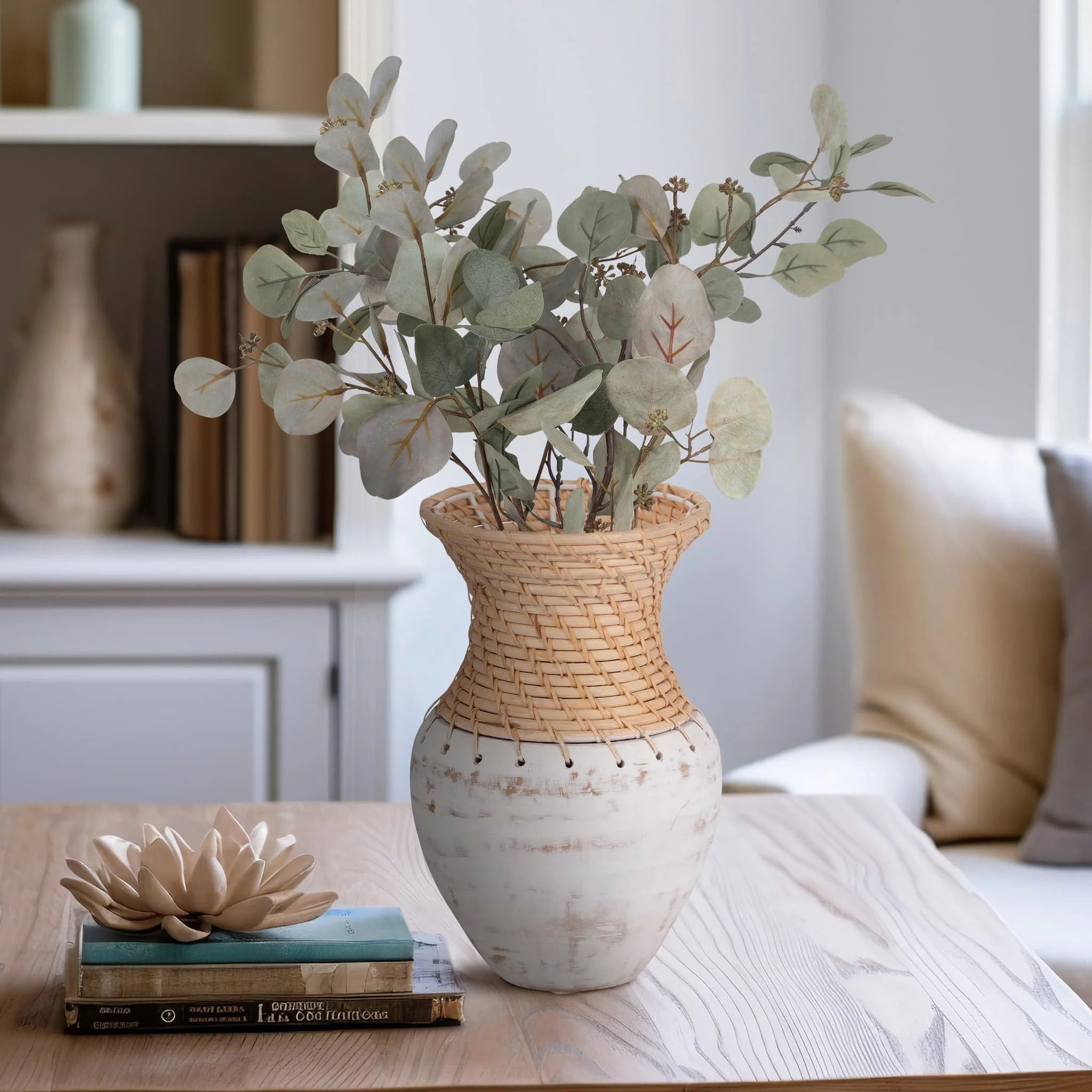 Clay, 11" Vase With Woven Top, White/natural - Image 9