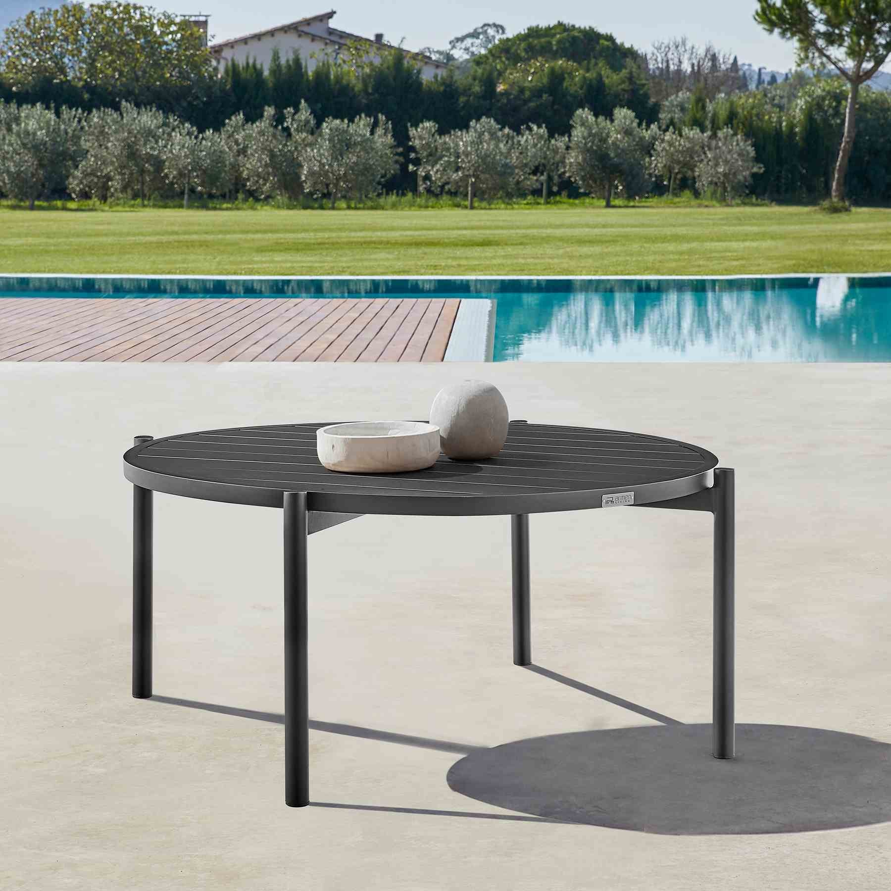 Clementine Outdoor Patio Round Coffee Table in Black Aluminum - Image 7