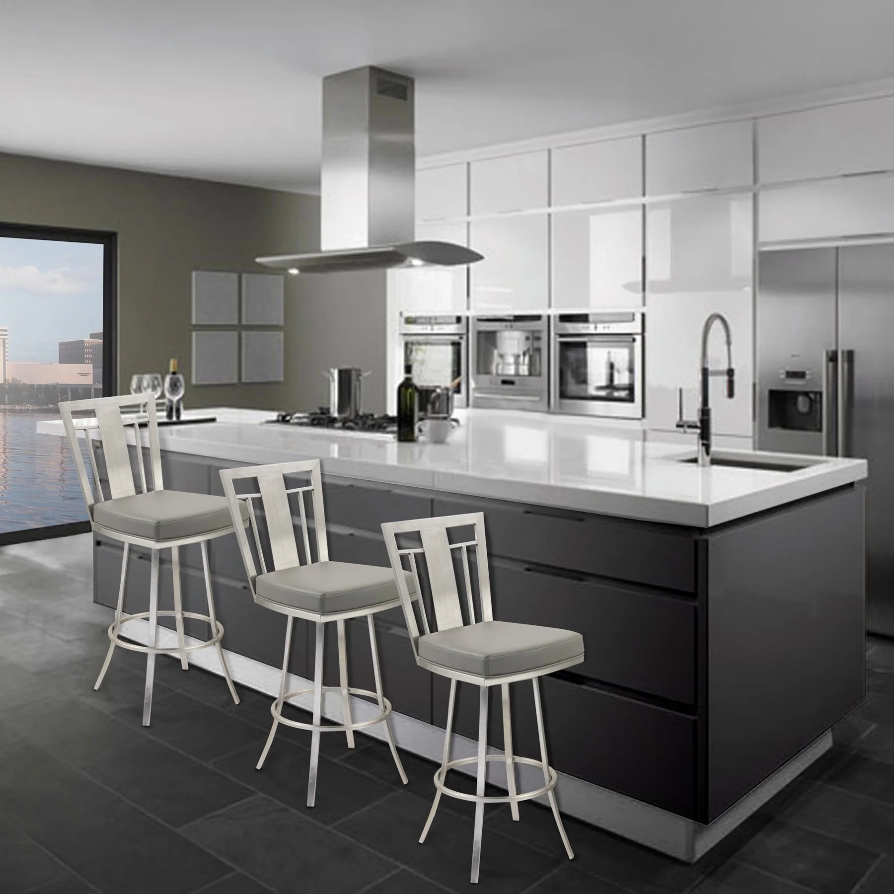 Cleo 26" Modern Swivel Barstool In Gray and Stainless Steel - Image 4