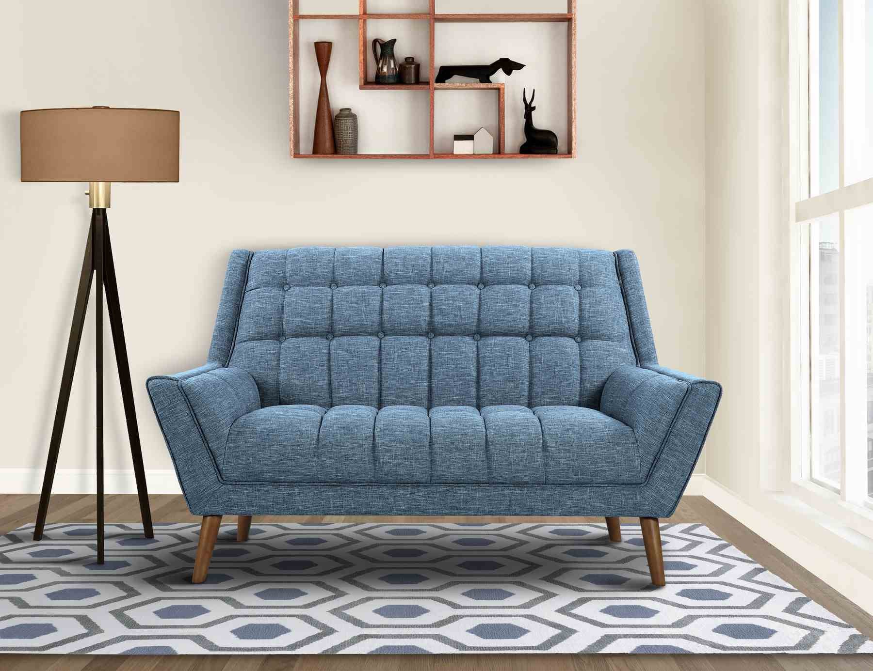 Cobra Mid-Century Modern Loveseat in Blue Linen and Walnut Legs - Image 6