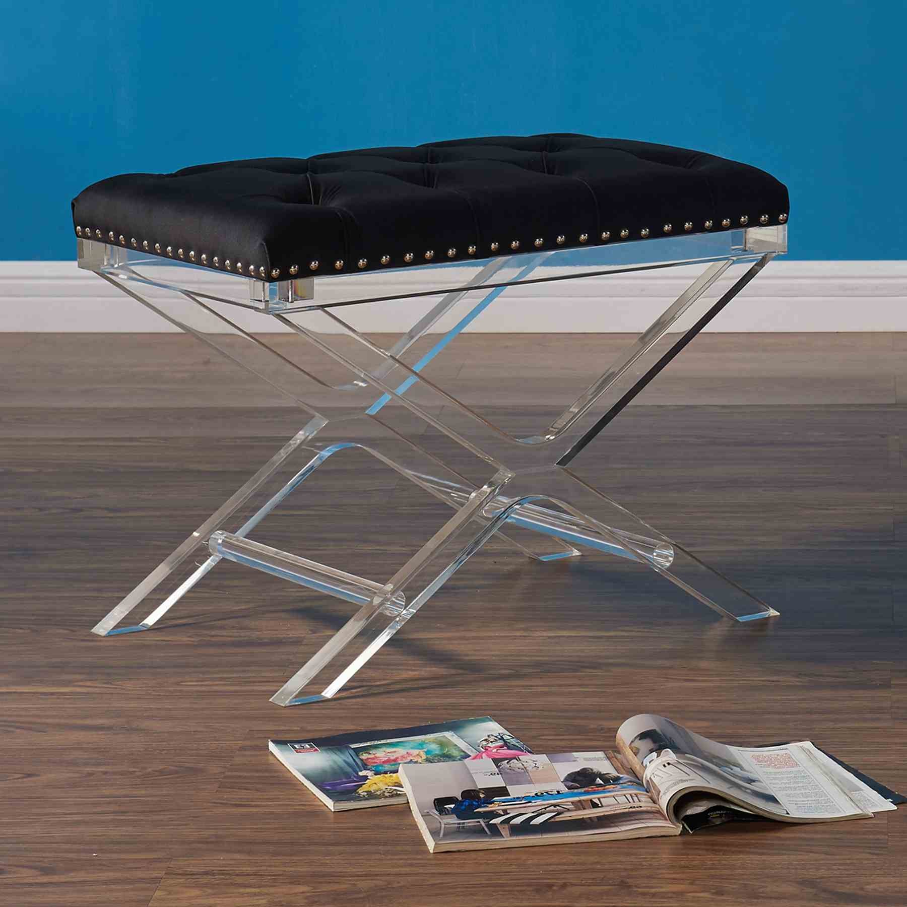 Cody Modern and Contemporary Tufted Ottoman in Black Velvet with Acrylic Legs - Image 2