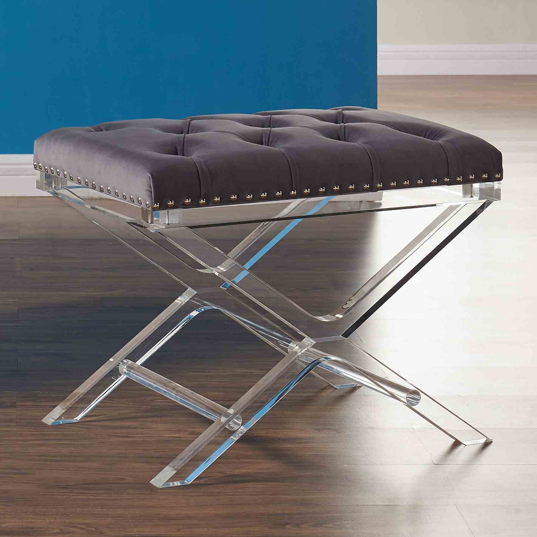 Cody Modern and Contemporary Tufted Ottoman in Gray Velvet with Acrylic Legs - Image 2