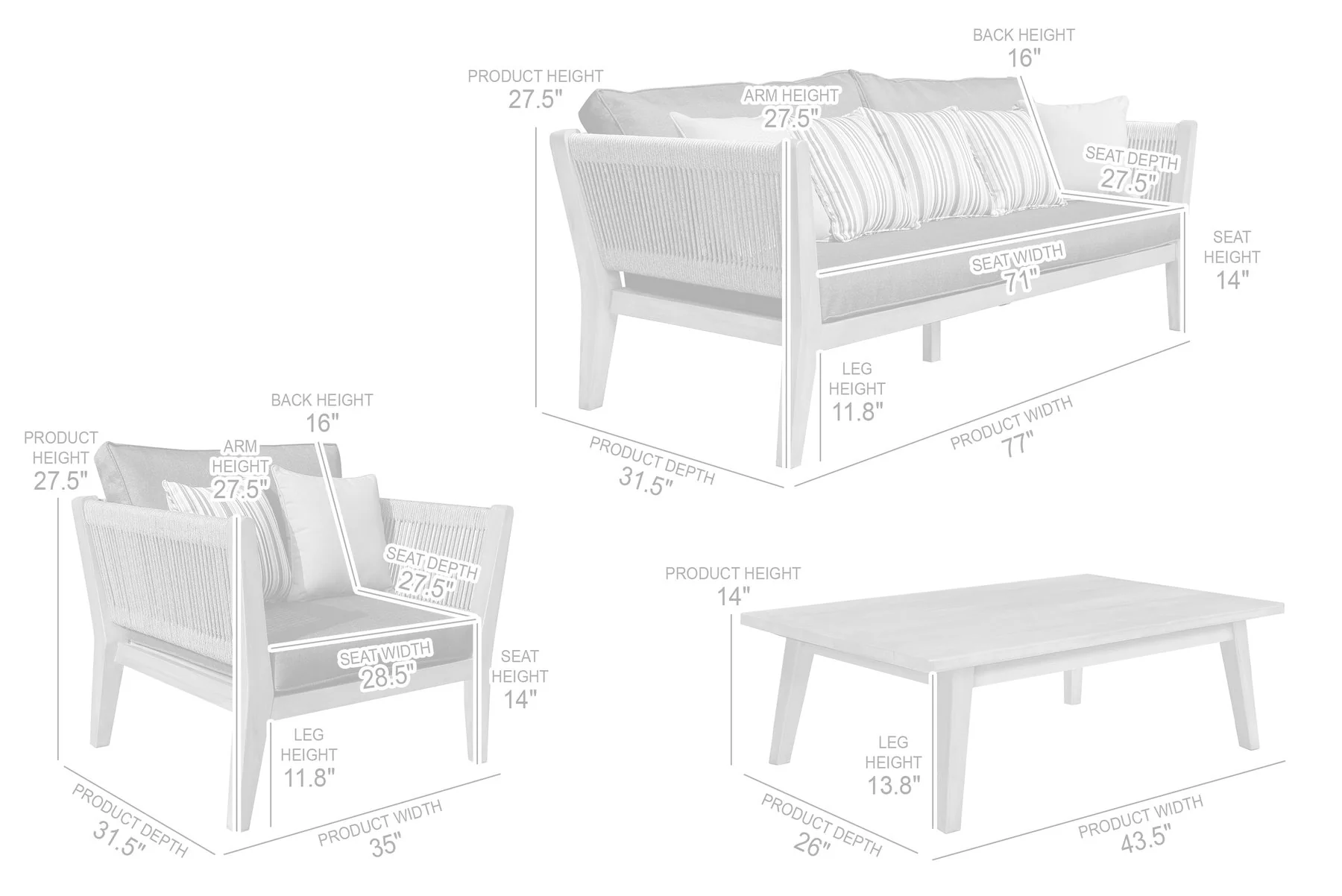 Condesa 4 Piece Outdoor Patio Furniture Set in Acacia Wood and Rope with Charcoal Cushions - Image 12