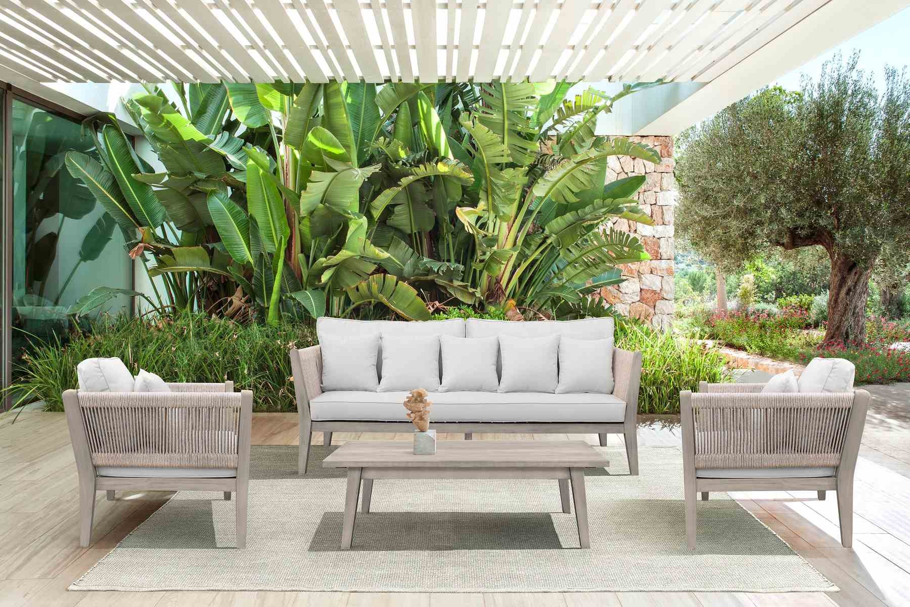 Condesa 4 Piece Outdoor Patio Furniture Set in Acacia Wood and Rope with Gray Cushions - Image 13