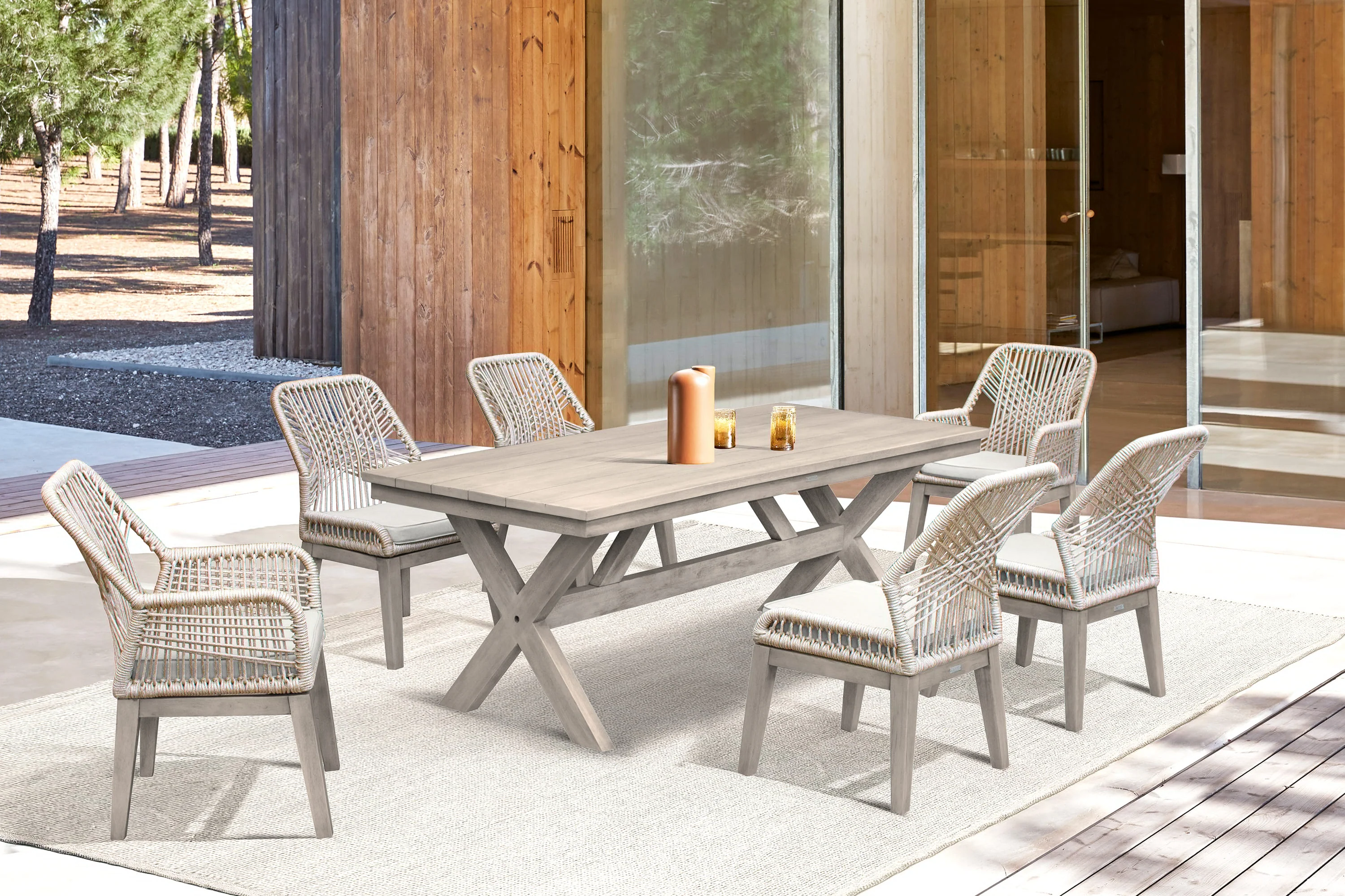 Costa 7-Piece Patio Outdoor Dining Set in Gray Acacia Wood and Rope - Image 12