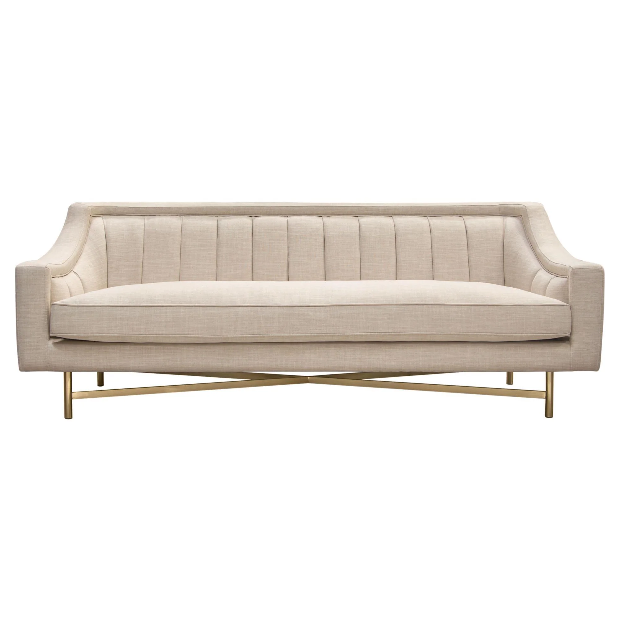 Croft Fabric Sofa in Sand Linen Fabric w/ Accent Pillows and Gold Metal Criss-Cross Frame by Diamond Sofa - Image 2
