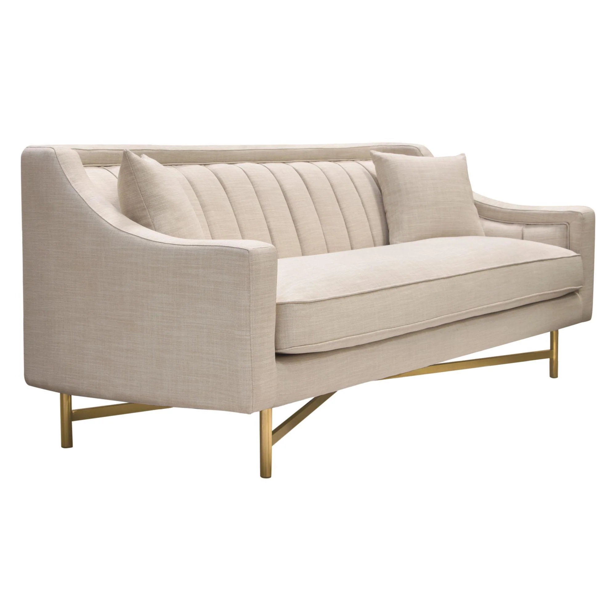 Croft Fabric Sofa in Sand Linen Fabric w/ Accent Pillows and Gold Metal Criss-Cross Frame by Diamond Sofa - Image 3