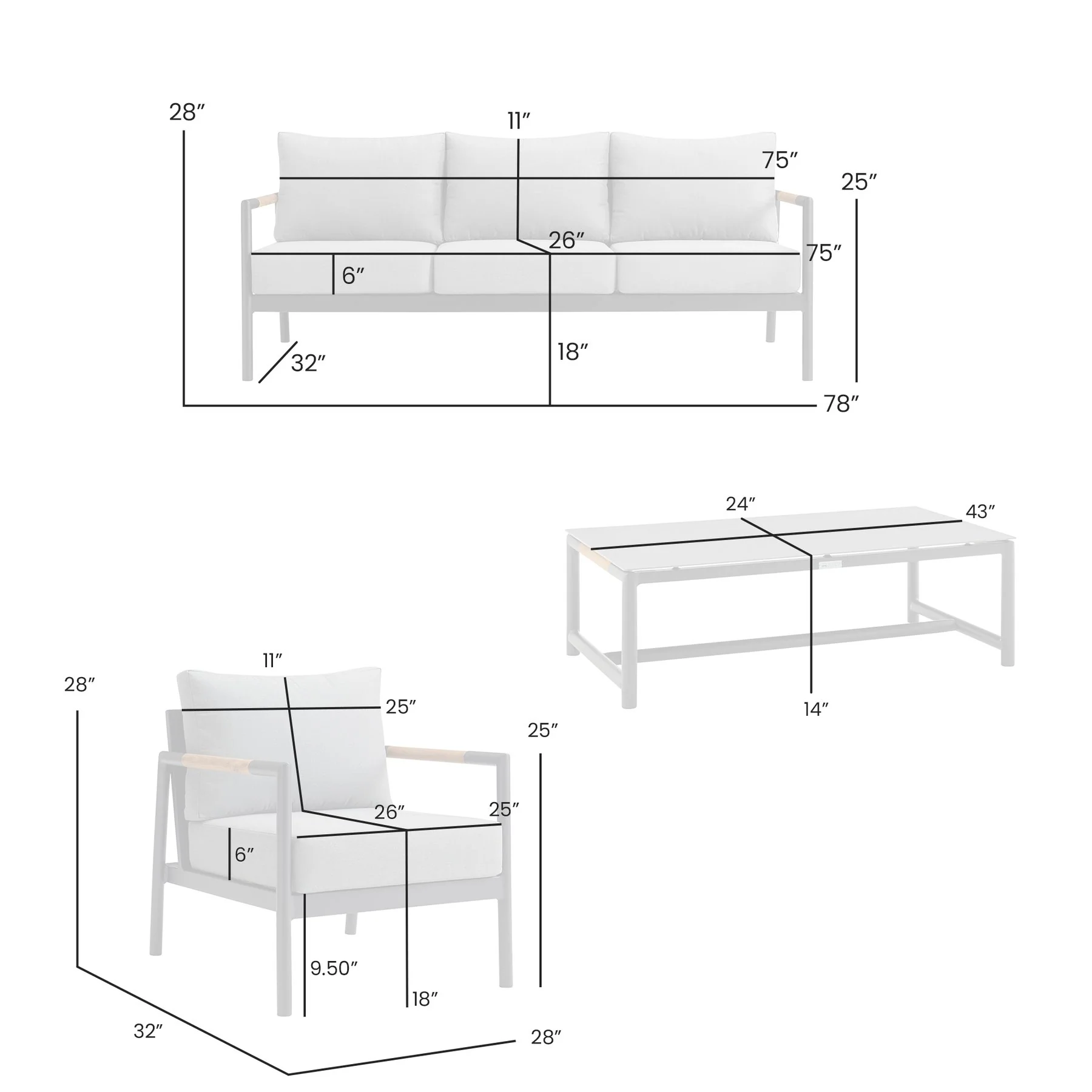 Crown 4 Piece Black Aluminum and Teak Outdoor Seating Set with Dark Gray Cushions - Image 8