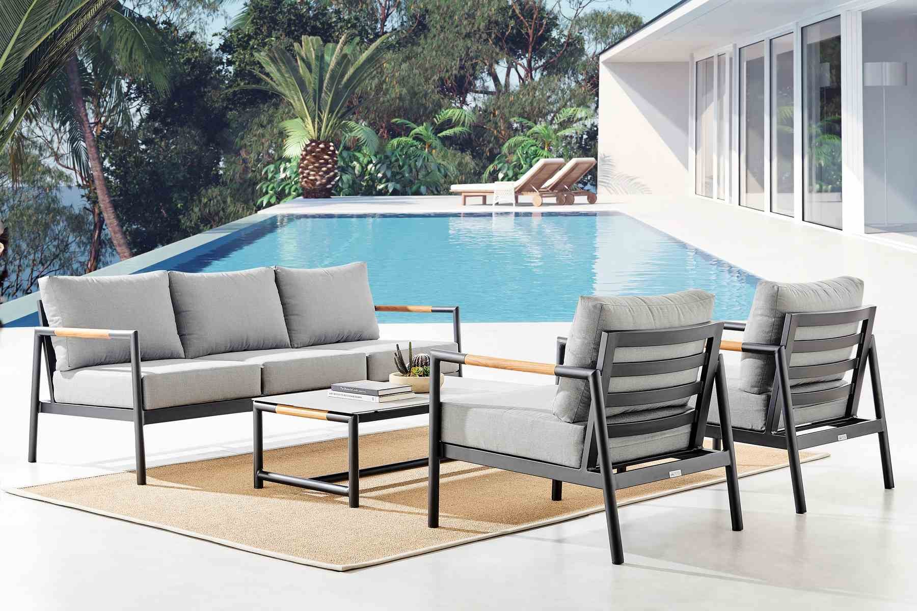 Crown 4 Piece Black Aluminum and Teak Outdoor Seating Set with Dark Gray Cushions - Image 9