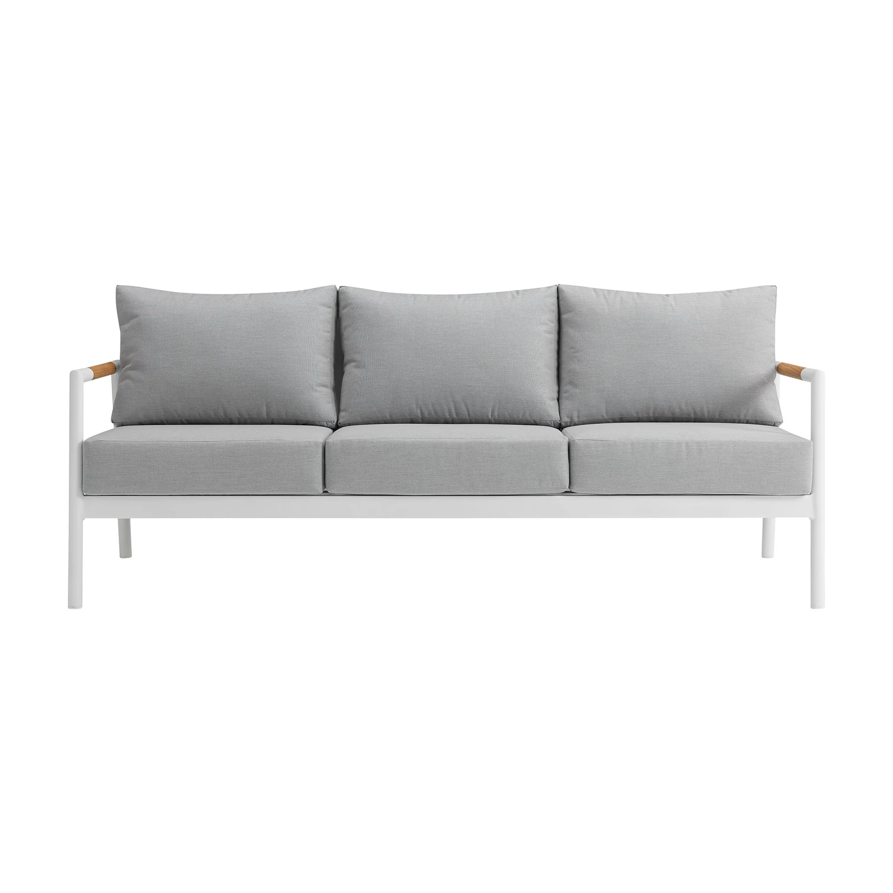 Crown 4 Piece White Aluminum and Teak Outdoor Seating Set with Light Gray Cushions - Image 2