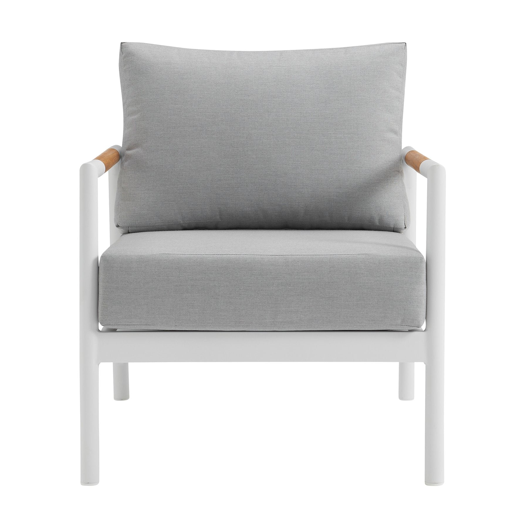 Crown 4 Piece White Aluminum and Teak Outdoor Seating Set with Light Gray Cushions - Image 5